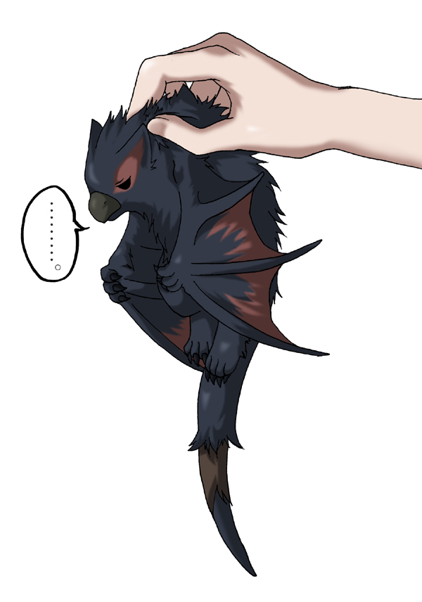 ruri tsubame, nargacuga, capcom, monster hunter (series), …, aged down, black eyes, creature, dragon, full body, griffin, holding, simple background, speech bubble, spoken ellipsis, white background, wyvern
