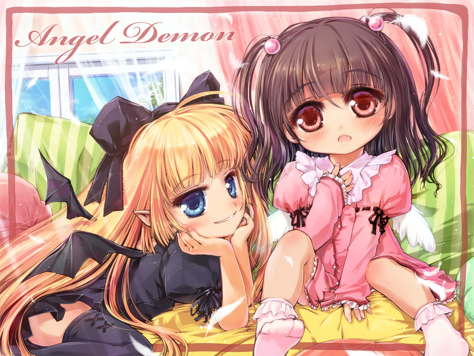 misaki (kyal 001), original, commentary request, 2girls, angel, black bow, black thighhighs, black wings, blonde hair, blue eyes, blue sky, blush, bow, brown hair, couch, demon girl, demon wings, dress, fang, full body, grin, hair bobbles, hair bow, hair ornament, indoors, juliet sleeves, long hair, long sleeves, looking at viewer, multiple girls, no shoes, pink dress, pink eyes, pointy ears, puffy sleeves, sitting, sky, smile, socks, thighhighs, two side up, white socks, window, wings