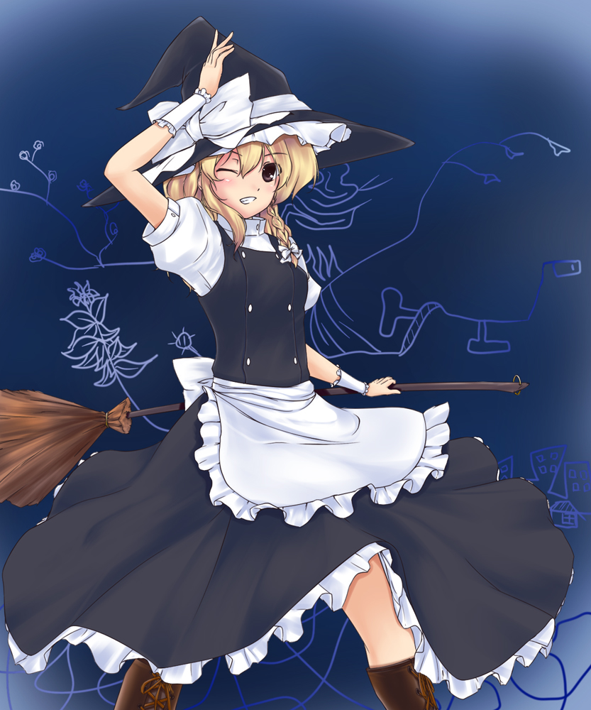 hiiragi mitsuna, kirisame marisa, touhou, 1girl, apron, blonde hair, boots, braid, broom, brown eyes, buttons, dress, female focus, grin, hair ribbon, hat, ribbon, short hair, smile, solo, wink, witch, witch hat, yellow eyes