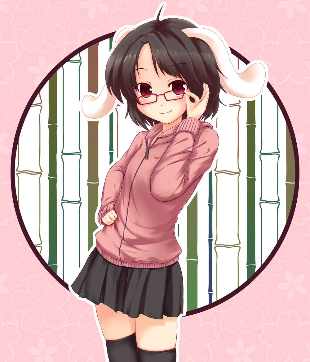 hiiragi mitsuna, inaba tewi, touhou, 1girl, adjusting eyewear, alternate costume, animal ears, bamboo, bamboo forest, bespectacled, black hair, casual, contemporary, female focus, forest, glasses, nature, rabbit ears, short hair, smile, solo, sweater, thighhighs, zettai ryouiki, zipper