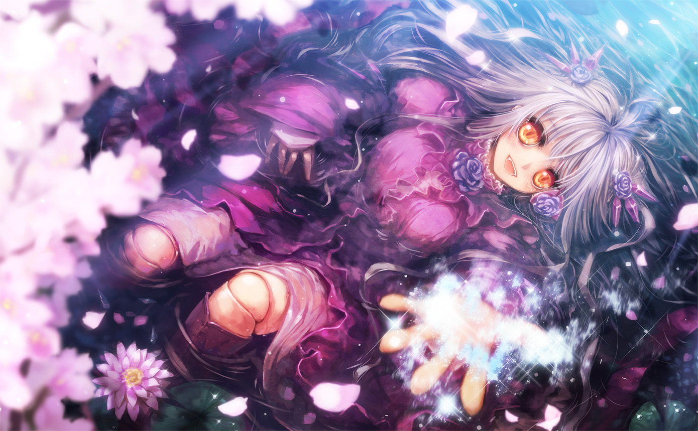 misaki (kyal 001), barasuishou, rozen maiden, commentary request, 1girl, boots, cherry blossoms, doll joints, eyepatch, flower, flower eyepatch, frilled shirt, frills, full body, gem, grey hair, grey skirt, joints, lolita fashion, long hair, long sleeves, looking at viewer, open mouth, orange eyes, partially submerged, pink flower, purple boots, purple flower, purple gemstone, purple rose, purple shirt, reaching, reaching towards viewer, rose, shirt, skirt, smile, solo, sparkle, unworn eyepatch, very long hair, water