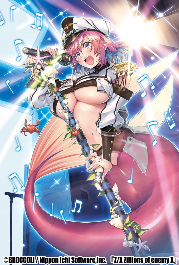 ishibashi yosuke, frederica (z/x), z/x, official art, 1girl, beamed eighth notes, blue hair, breasts, colored inner hair, copyright notice, crab, eighth note, hat, holding, holding microphone stand, large breasts, medium hair, mermaid, microphone stand, monster girl, multicolored hair, music, musical note, navel, open mouth, pink hair, quarter note, shirt, singing, solo, sparkle, teeth, underboob, upper teeth only, white hat, white shirt