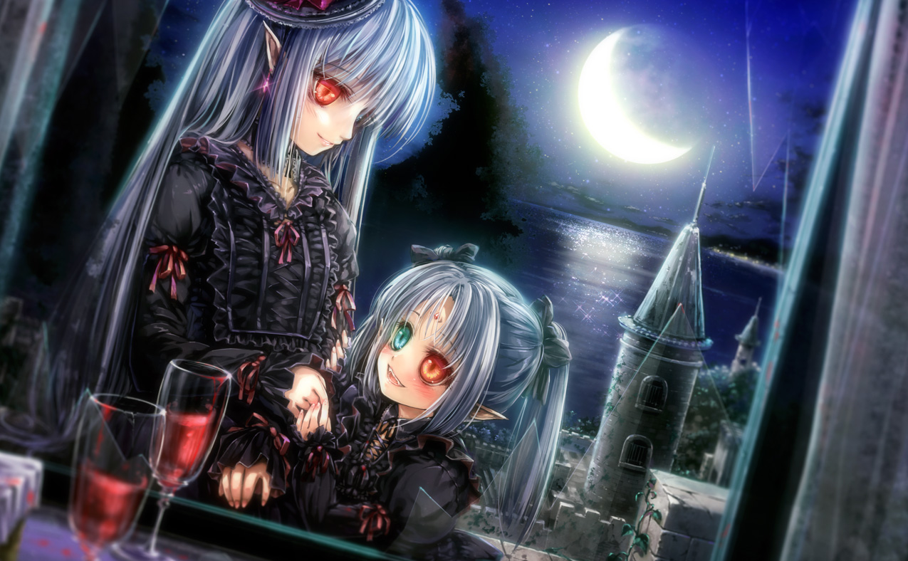 misaki (kyal 001), original, commentary request, 2girls, alcohol, black dress, blue sky, castle, closed mouth, crescent moon, dress, frilled dress, frills, gothic lolita, green eyes, grey hair, heterochromia, lolita fashion, long hair, long sleeves, looking at another, moon, multiple girls, neck ribbon, night, open mouth, orange eyes, outdoors, pointy ears, red ribbon, ribbon, sky, sleeve ribbon, smile, star (sky), starry sky, tree, twintails, upper body, wine