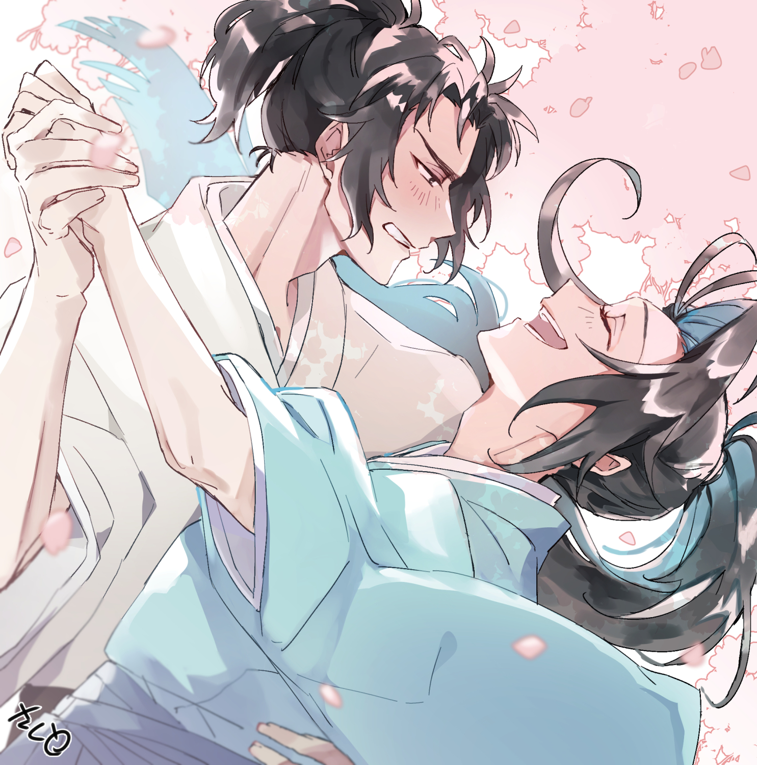 hijikata toshizou (fate), kondou isami (fate), fate/grand order, fate (series), highres, 2boys, 39 app1e, antenna hair, blush, closed eyes, dancing, falling petals, japanese clothes, kimono, long hair, male focus, multiple boys, open mouth, outdoors, petals, ponytail, profile, smile, upper body, yaoi