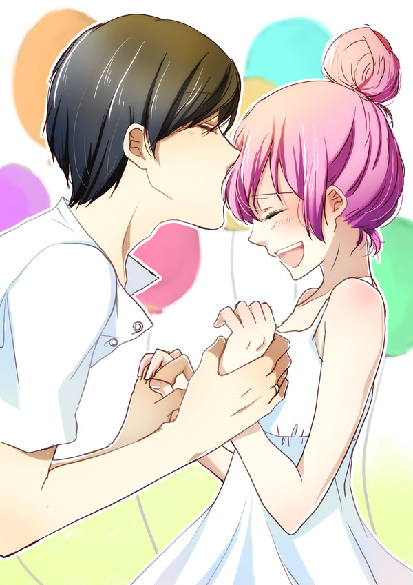 mina m, mochizuki mina, megurine luka, just be friends (vocaloid), vocaloid, 1boy, 1girl, alternate hairstyle, balloon, black hair, blush, child, closed eyes, couple, dress, hetero, pink hair, short hair, smile, white dress