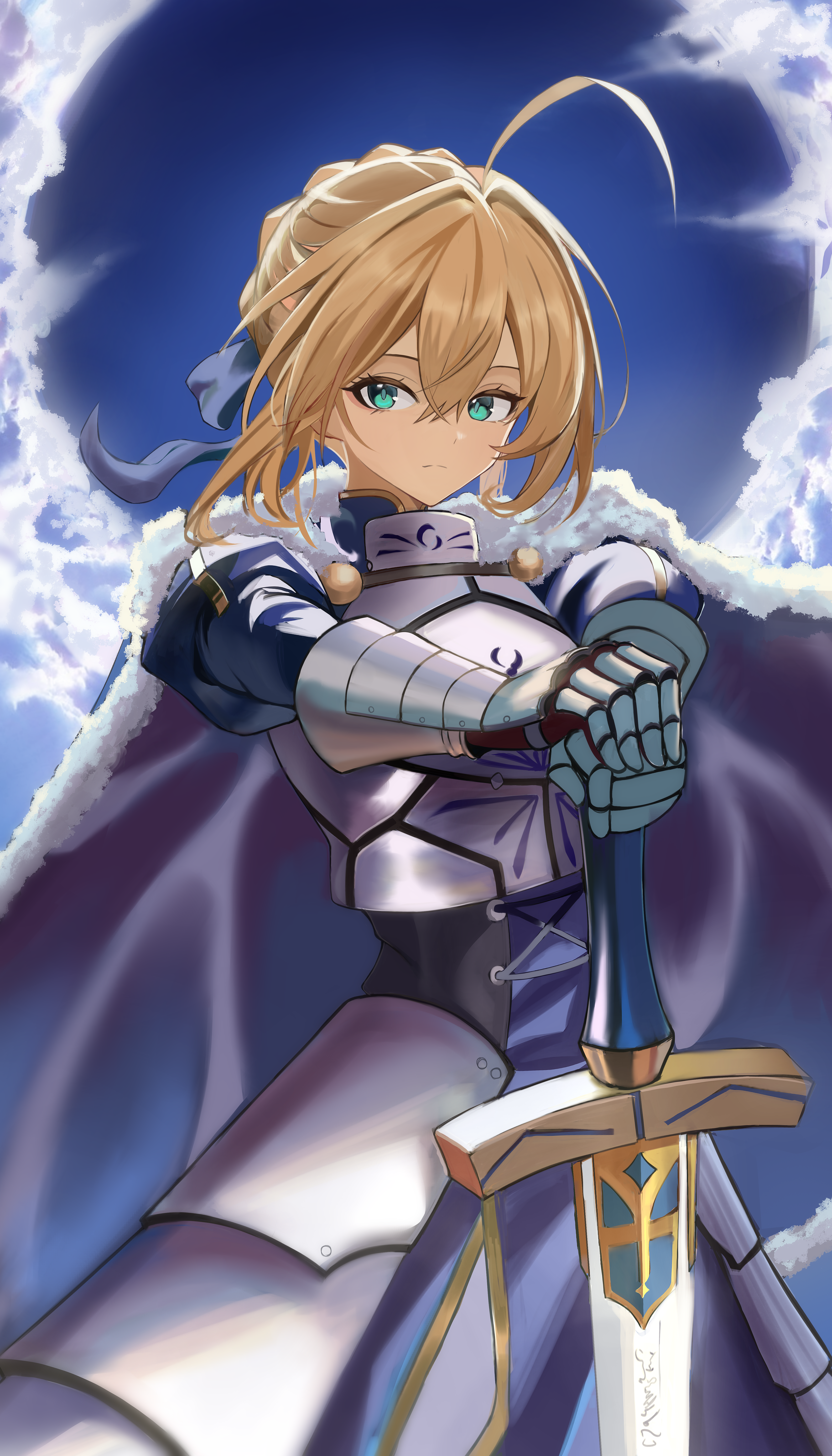 kaka (abclkj12), artoria pendragon (fate), saber (fate), fate/grand order, fate (series), absurdres, commentary, highres, 1girl, aqua eyes, armor, blonde hair, blue cape, blue dress, blue ribbon, breastplate, cape, closed mouth, dress, faulds, fur trim, gauntlets, hair bun, hair ribbon, holding, holding sword, holding weapon, long hair, looking at viewer, ribbon, sidelocks, single hair bun, solo, sword, very long hair, weapon
