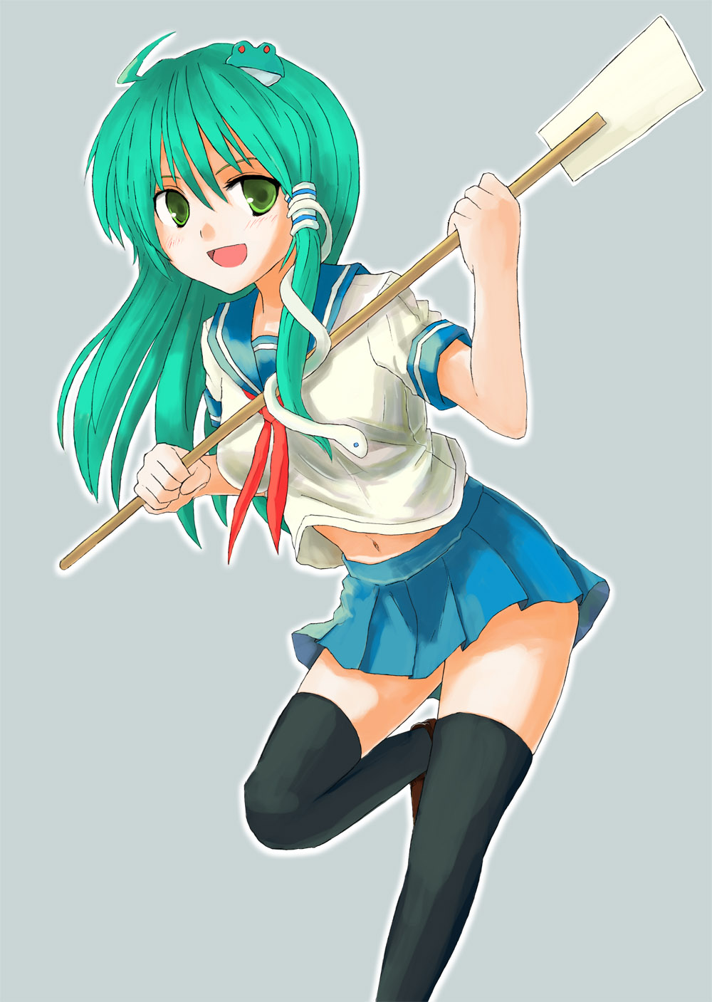 hokamichi, taji (crowview), kochiya sanae, touhou, bad id, bad pixiv id, highres, 1girl, alternate costume, female focus, school uniform, serafuku, solo, thighhighs, zettai ryouiki