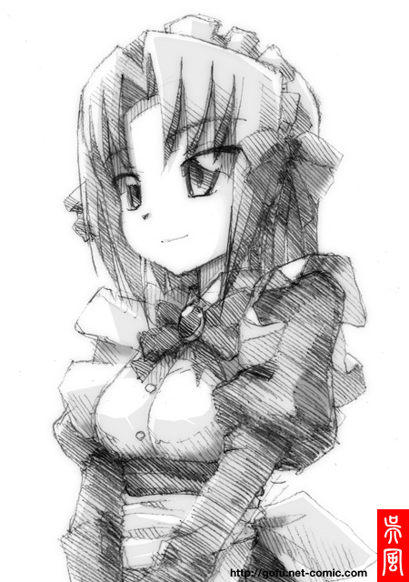 gofu, harukaze chiharu, hayate no gotoku!, traditional media, 00s, greyscale, maid, monochrome, sketch, solo