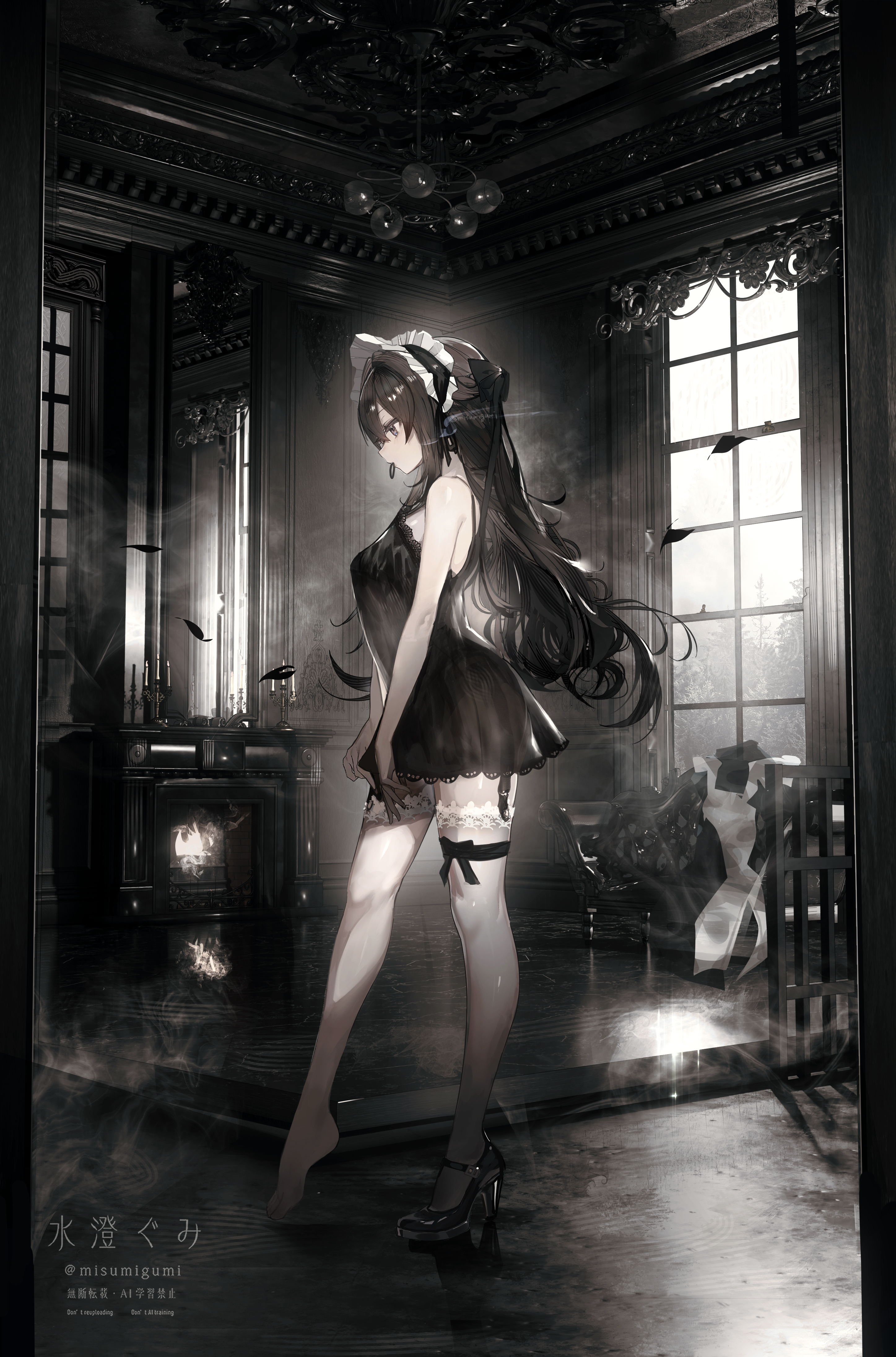 misumigumi, original, absurdres, highres, 1girl, architecture, black dress, black hair, breasts, dress, dressing, fireplace, from side, full body, garter straps, hair tie in mouth, indoors, long hair, maid, maid headdress, mouth hold, profile, see-through clothes, see-through dress, shoes, single shoe, small breasts, solo, thighhighs, white thighhighs, window