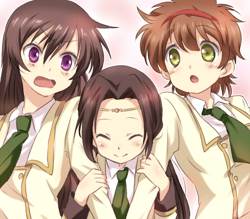 maruki (punchiki), kururugi suzaku, luluko, sumeragi kaguya, suzako, code geass, bad id, bad pixiv id, gender request, 00s, 3girls, arm hug, black hair, blush, brown hair, circlet, genderswap, green eyes, happy, long hair, multiple girls, necktie, purple eyes, school uniform, short hair, smile