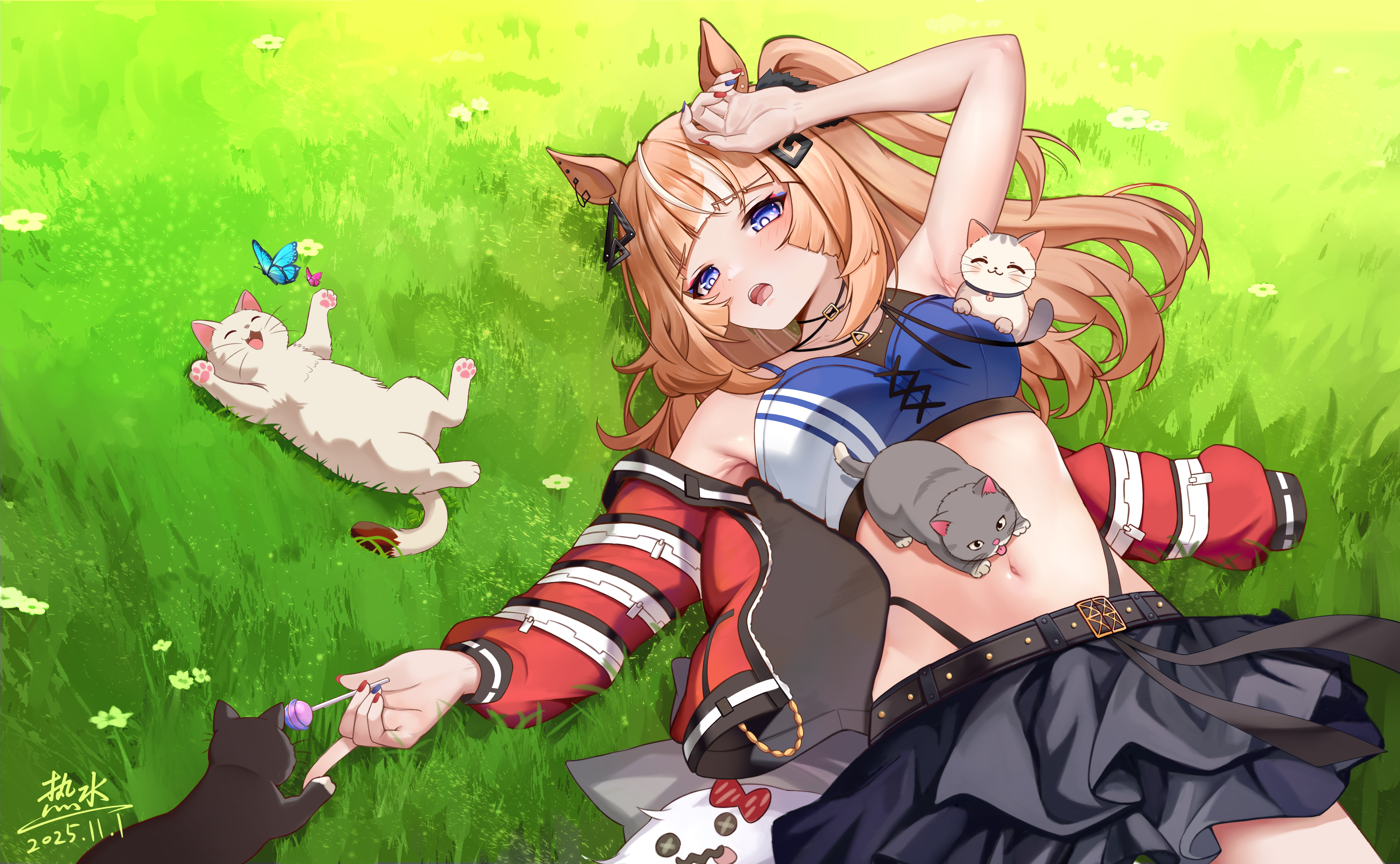 a shui, espoir city (red devil gear) (umamusume), espoir city (umamusume), umamusume, absurdres, highres, 1girl, animal ears, armpits, black skirt, blue sports bra, blunt bangs, blunt sidelocks, blush, candy, cat, food, holding, holding candy, holding food, holding lollipop, horse ears, horse girl, jacket, lollipop, long hair, looking at animal, lying, navel, on back, one side up, open clothes, open jacket, open mouth, orange hair, purple eyes, red jacket, sidelocks, skirt, solo, sports bra, stomach