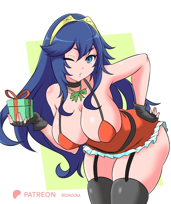 momocka-art, lucina (fire emblem), fire emblem, fire emblem awakening, nintendo, 1girl, black gloves, black thighhighs, blue eyes, blue hair, bow, bowtie, breasts, choker, christmas, christmas present, cleavage, collarbone, dress, fingerless gloves, garter straps, gift, gloves, green bow, green bowtie, hand on own hip, headgear, holding, holding gift, large breasts, leaning forward, long hair, looking at viewer, one eye closed, open mouth, parted lips, red dress, sleeveless, sleeveless dress, standing, striped bow, striped bowtie, striped clothes, thick thighs, thighhighs, thighs, white background, wide hips, wink