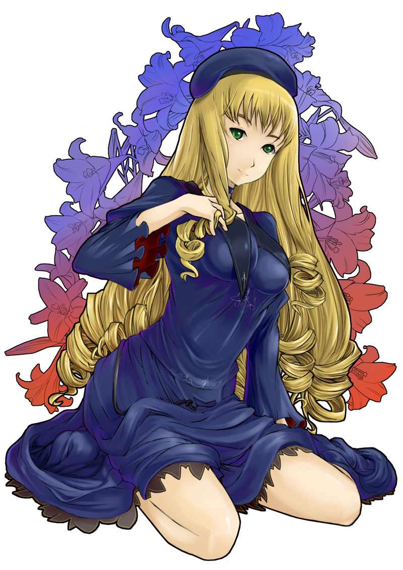 nomiya37564, adilisia lenn mathers, rental magica, 00s, blonde hair, dress, drill hair, flower, green eyes, hat, kneeling, legs, long hair, smile, solo