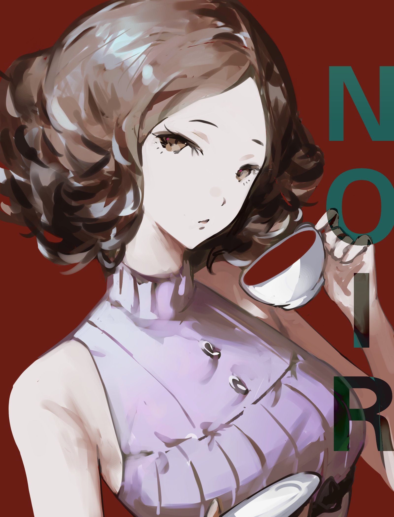 k1kiwa, okumura haru, persona, persona 5, commentary request, highres, 1girl, bare shoulders, breasts, brown eyes, brown hair, character name, cup, hand up, holding, holding cup, holding plate, looking at viewer, parted lips, pink shirt, plate, portrait, red background, shirt, short hair, simple background, sleeveless, sleeveless shirt, solo, teacup, turtleneck, turtleneck shirt, wavy hair