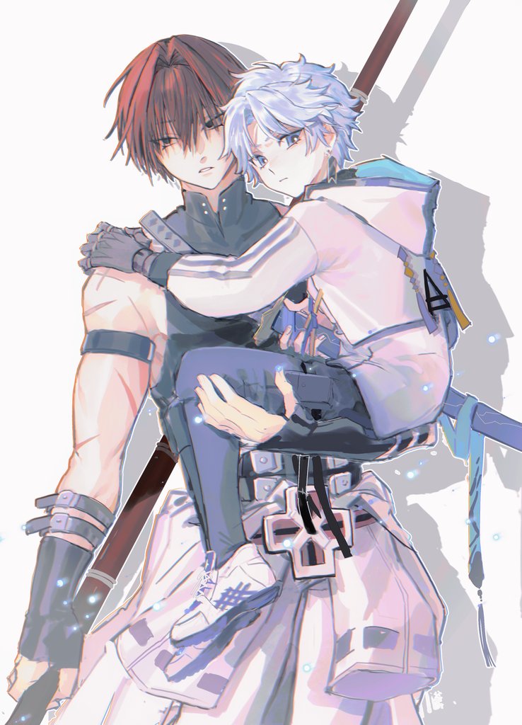 yezizizzzz02, harada sanosuke (fate), toudou heisuke (fate), fate/grand order, fate (series), 2boys, armband, black eyes, blue eyes, carrying, child carry, earrings, fingerless gloves, gloves, grey hair, hair intakes, holding, holding polearm, holding weapon, hood, jewelry, male focus, multiple boys, multiple scars, pants, polearm, prosthesis, prosthetic arm, prosthetic leg, red hair, scar, scar on arm, scar on face, scar on forehead, shirt, shoes, short hair, simple background, sleeveless, sleeveless shirt, toned, toned male, weapon, white background