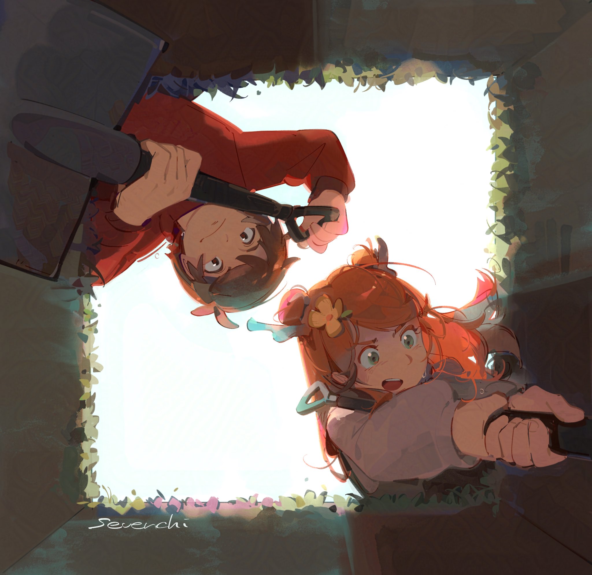 sevenchi, geminitay, grian (youtuber), minecraft youtube, traffic life series, highres, 1boy, 1girl, animification, antlers, artist name, brown eyes, brown hair, closed mouth, flower, from below, green eyes, hair bun, hair flower, hair ornament, holding, holding shovel, hole, horns, long hair, long sleeves, looking down, open mouth, orange hair, outdoors, past life smp, red sweater, short hair, shovel, sweater