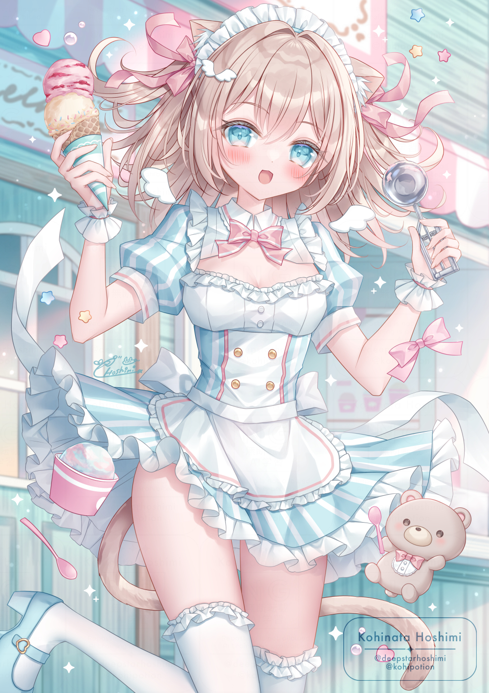 kohinata hoshimi, original, commentary request, highres, 1girl, animal ear fluff, animal ears, apron, bear, blonde hair, blue dress, blue eyes, blush, bow, breasts, cleavage, dress, food, frills, hair between eyes, hair bow, hair ornament, holding, holding food, holding ice cream, holding ice cream cone, holding ice cream scoop (utensil), ice cream, ice cream cone, ice cream scoop (utensil), long hair, looking at viewer, medium breasts, open mouth, pink bow, pink ribbon, puffy short sleeves, puffy sleeves, ribbon, shoes, short sleeves, smile, tail, thighhighs, waist apron, white apron, white headdress, white thighhighs, wing hair ornament, wings, wrist cuffs