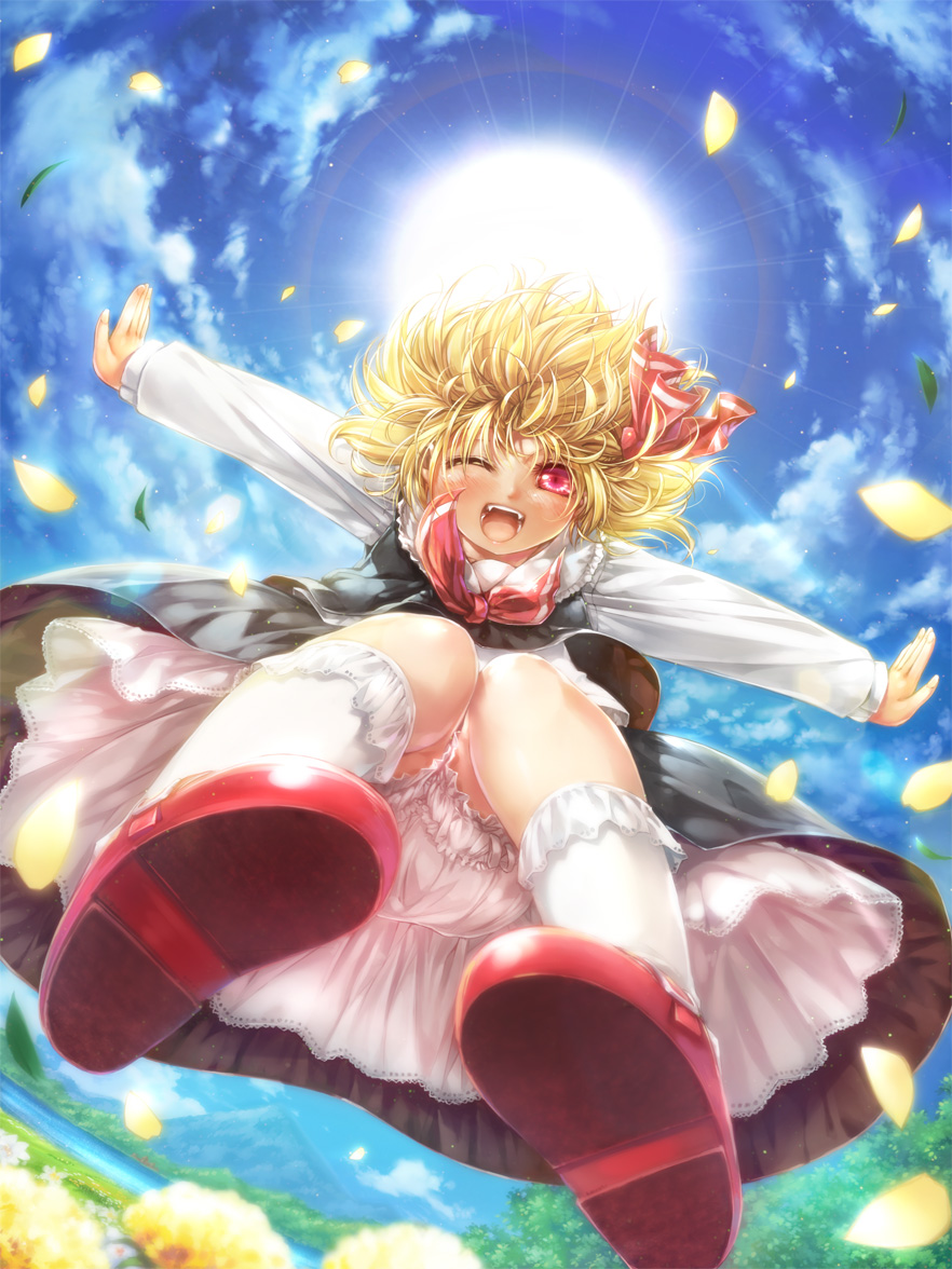 misaki (kyal 001), rumia, touhou, commentary request, 1girl, black skirt, black vest, blonde hair, bloomers, blue sky, blush, bow, bowtie, cloud, falling, flower, from below, full body, hair bow, jumping, long sleeves, looking at viewer, one eye closed, open mouth, outstretched arms, petals, red bow, red bowtie, red eyes, red shoes, shirt, shoes, short hair, skirt, skirt set, sky, smile, socks, solo, spread arms, sun, underwear, vest, white bloomers, white shirt, white socks, yellow flower