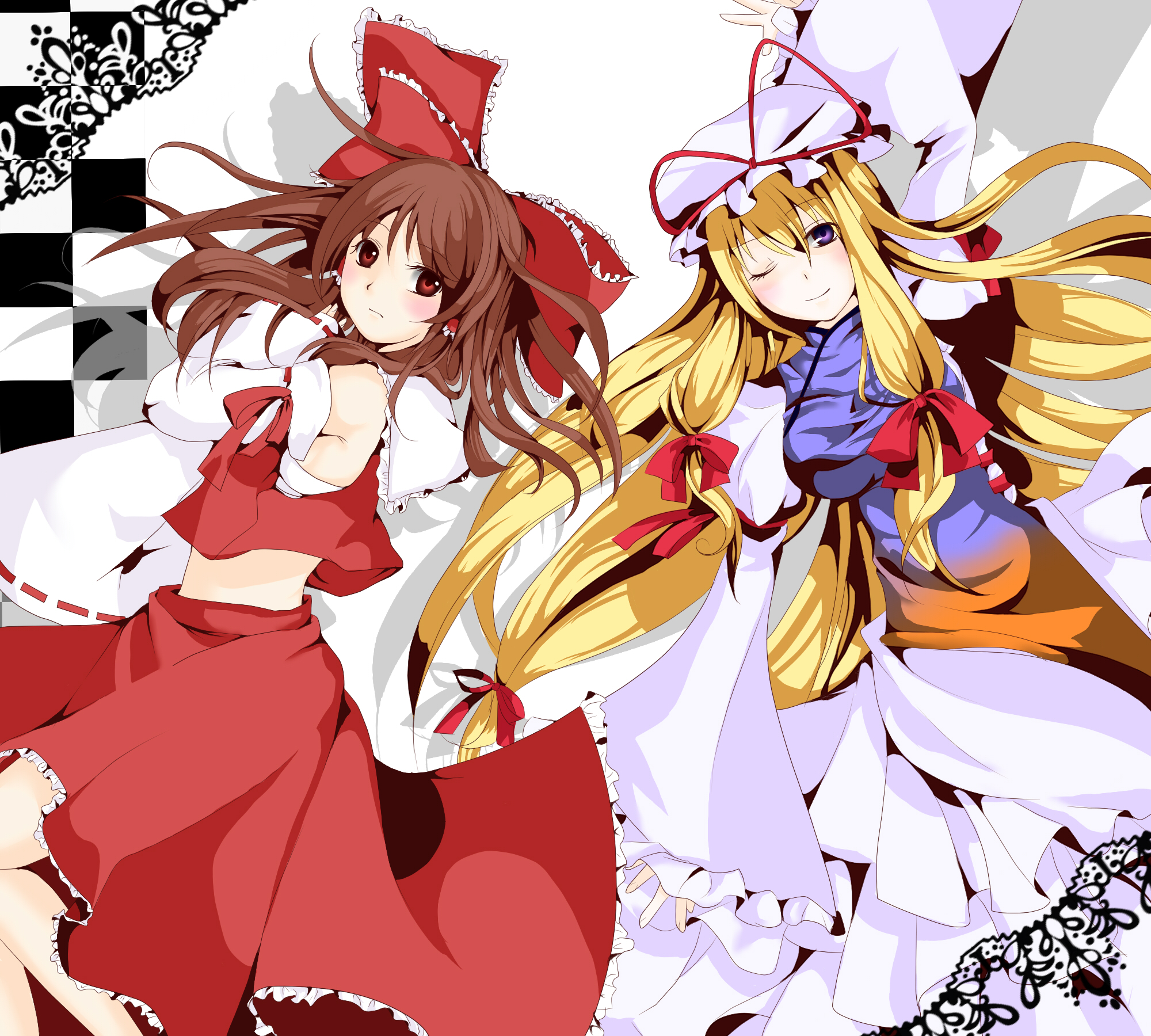silentdin, hakurei reimu, yakumo yukari, touhou, bad id, bad pixiv id, highres, 2girls, blonde hair, bow, breasts, brown hair, detached sleeves, female focus, hat, japanese clothes, long hair, miko, multiple girls, purple eyes, red eyes, short hair, wink