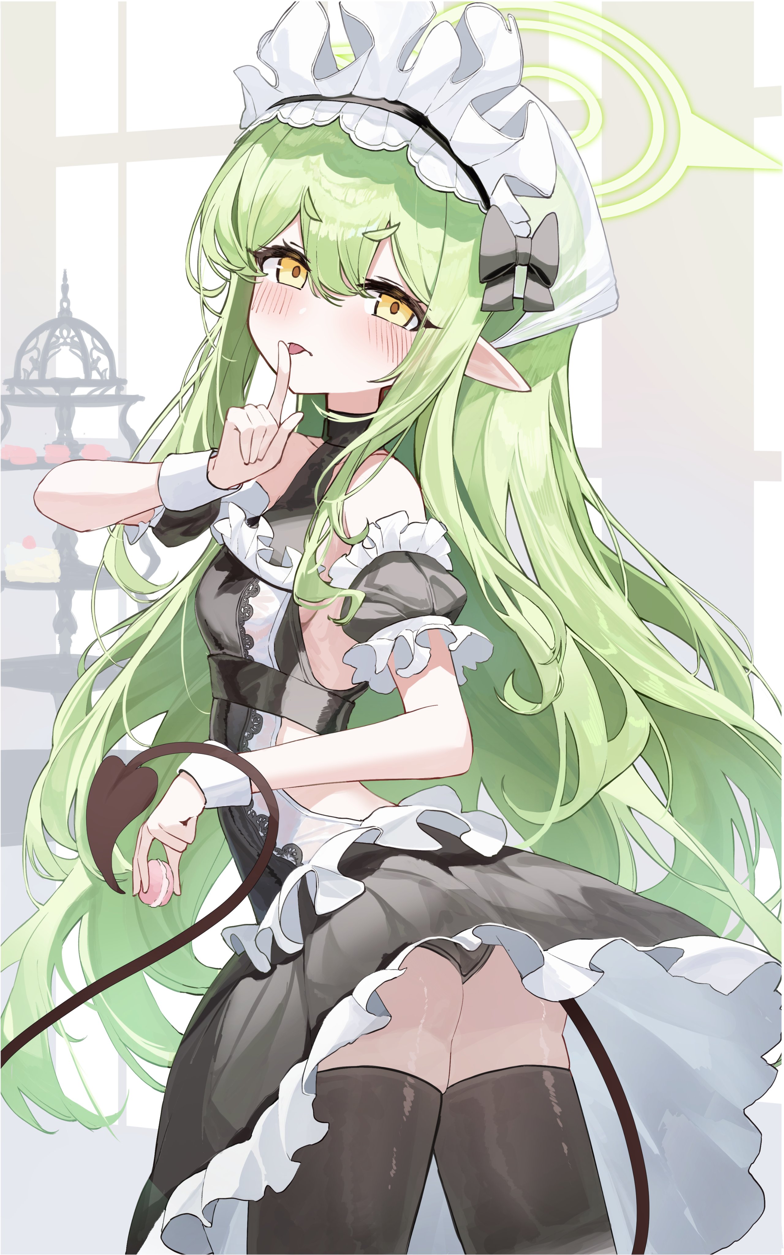 kabedoru, hikari (blue archive), blue archive, absurdres, highres, 1girl, alternate costume, ass, bare shoulders, black dress, black panties, black thighhighs, blush, breasts, demon girl, demon tail, dress, finger to mouth, green hair, green halo, hair between eyes, halo, long hair, maid headdress, open mouth, panties, pointy ears, shushing, sidelocks, small breasts, solo, tail, thighhighs, tongue, tongue out, underwear, yellow eyes