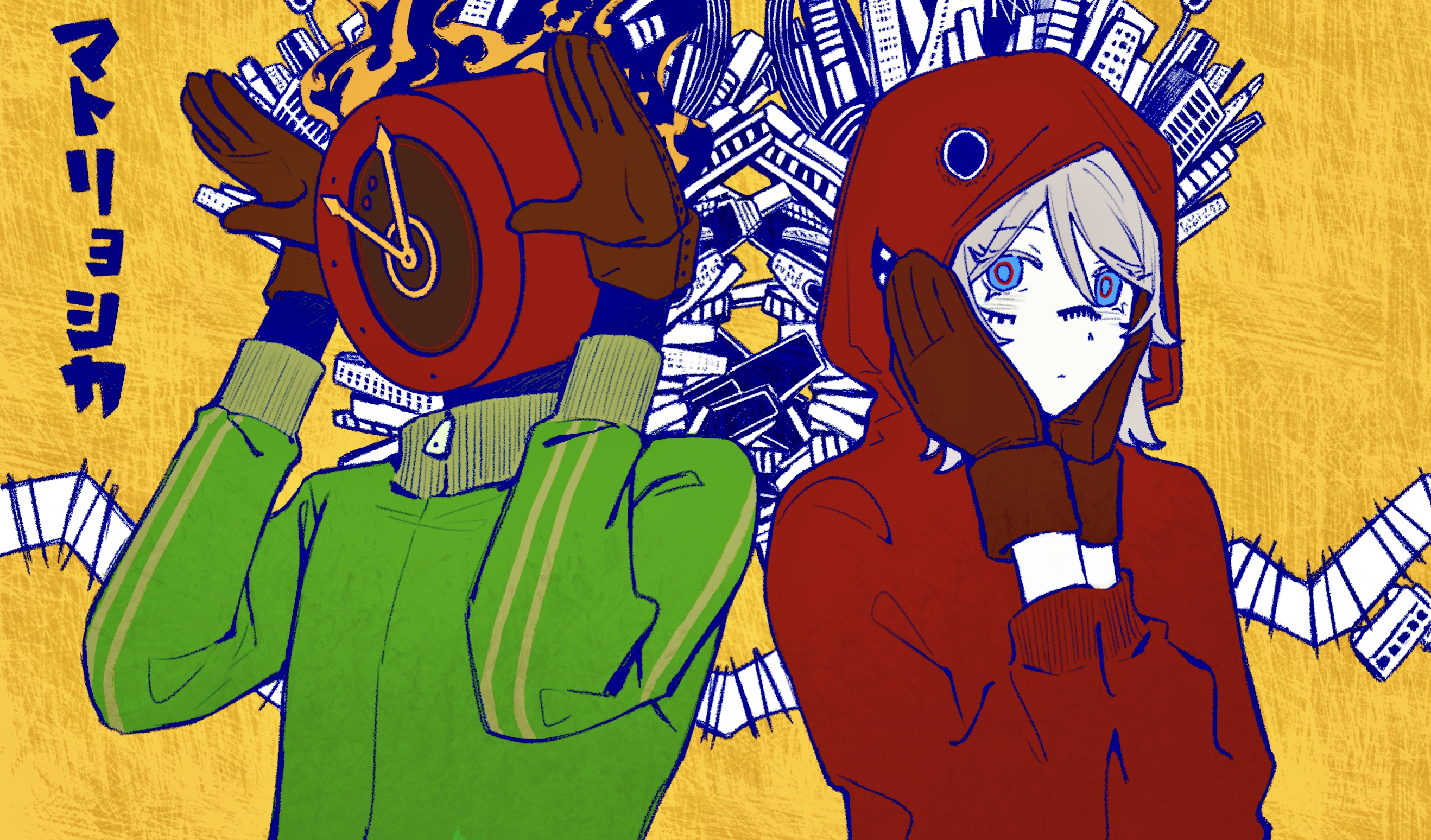 ivy (675671), dante (limbus company), faust (project moon), limbus company, matryoshka (vocaloid), project moon, chinese commentary, commentary request, highres, translated, blue eyes, brown gloves, clock, dated commentary, flaming head, gloves, green jacket, hood, hood up, hooded jacket, jacket, object head, red jacket, short hair, simple background, white hair, yellow background, zipper pull tab