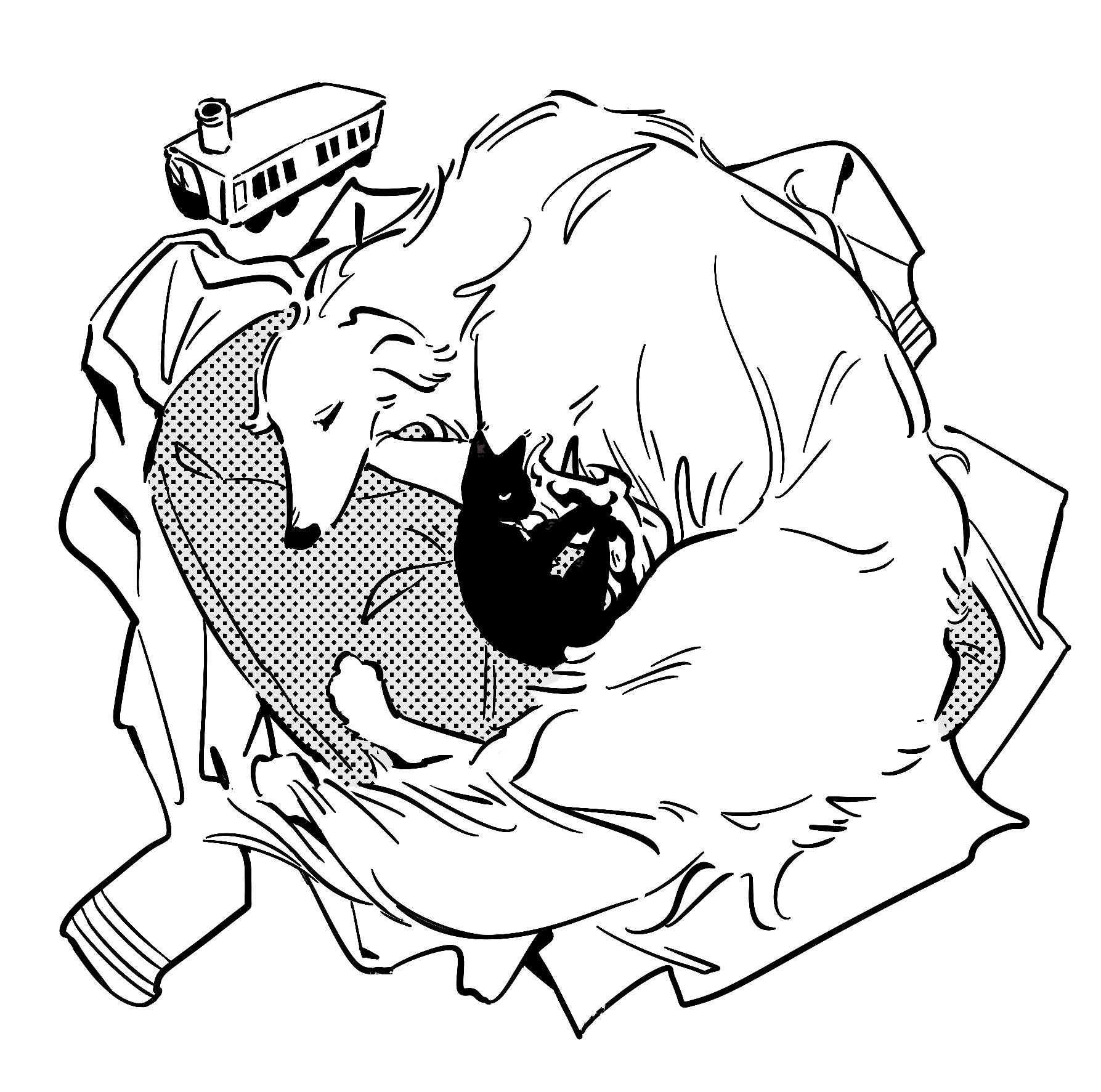 ivy (675671), dante (limbus company), faust (project moon), limbus company, project moon, chinese commentary, commentary request, highres, animalization, borzoi, cat, closed eyes, coat, dated commentary, dog, fire, flame-tipped tail, greyscale, mephistopheles (project moon), monochrome, simple background, tail