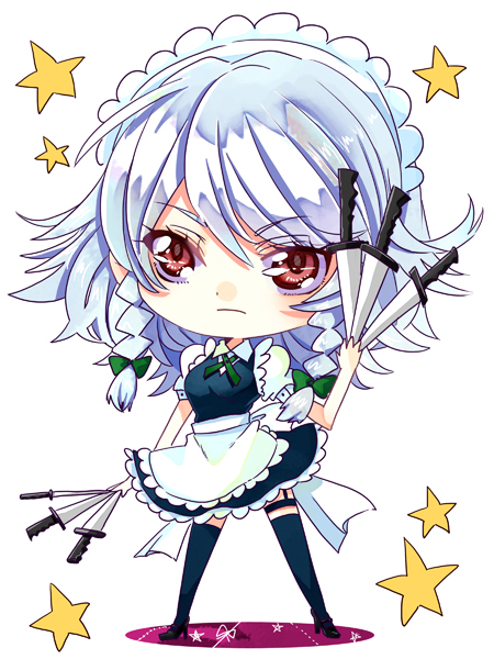 akekuchi, izayoi sakuya, embodiment of scarlet devil, touhou, silver hair, 1girl, apron, braid, chibi, female focus, full body, knife, maid, maid apron, red eyes, short hair, solo, thighhighs, throwing knife, twin braids, weapon, white background