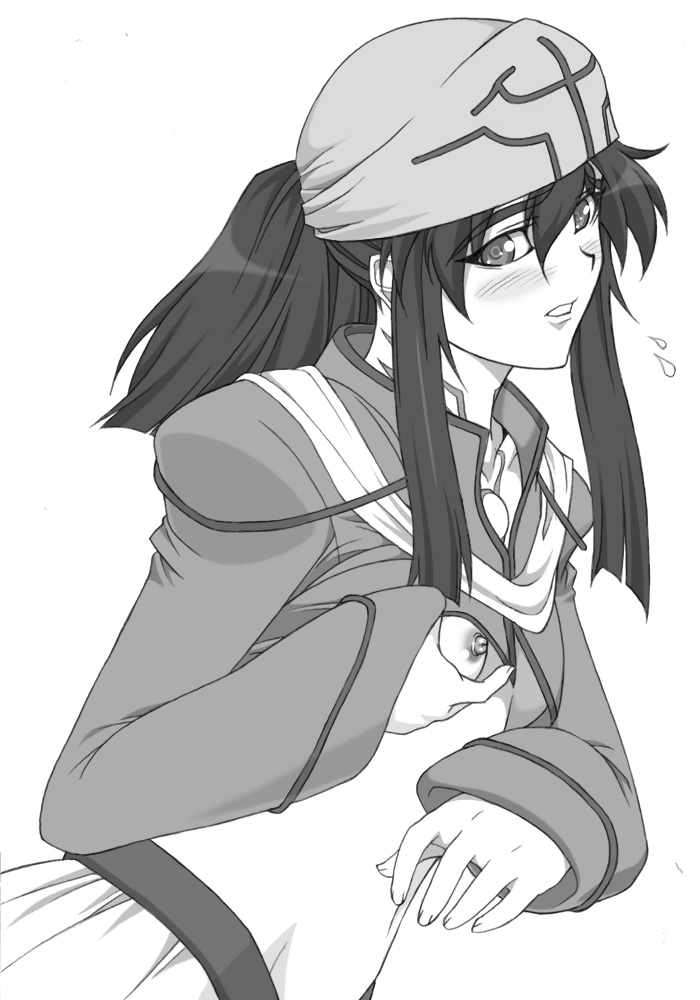 shichimenchou, roya, kiba (anime), 00s, 1girl, blush, breasts, female focus, greyscale, monochrome, nipples, simple background, small breasts, solo