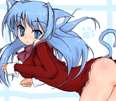 asage, minase nayuki, kanon, lowres, non-web source, animal ears, ass, blue eyes, blue hair, cat ears, cat tail, school uniform, solo, tail