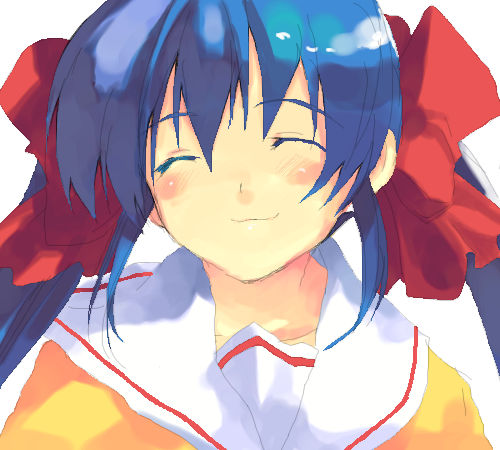 nanase rumi, one – kagayaku kisetsu e, lowres, 00s, 1girl, blue hair, female focus, oekaki, ribbon, school uniform, smile, solo, upper body