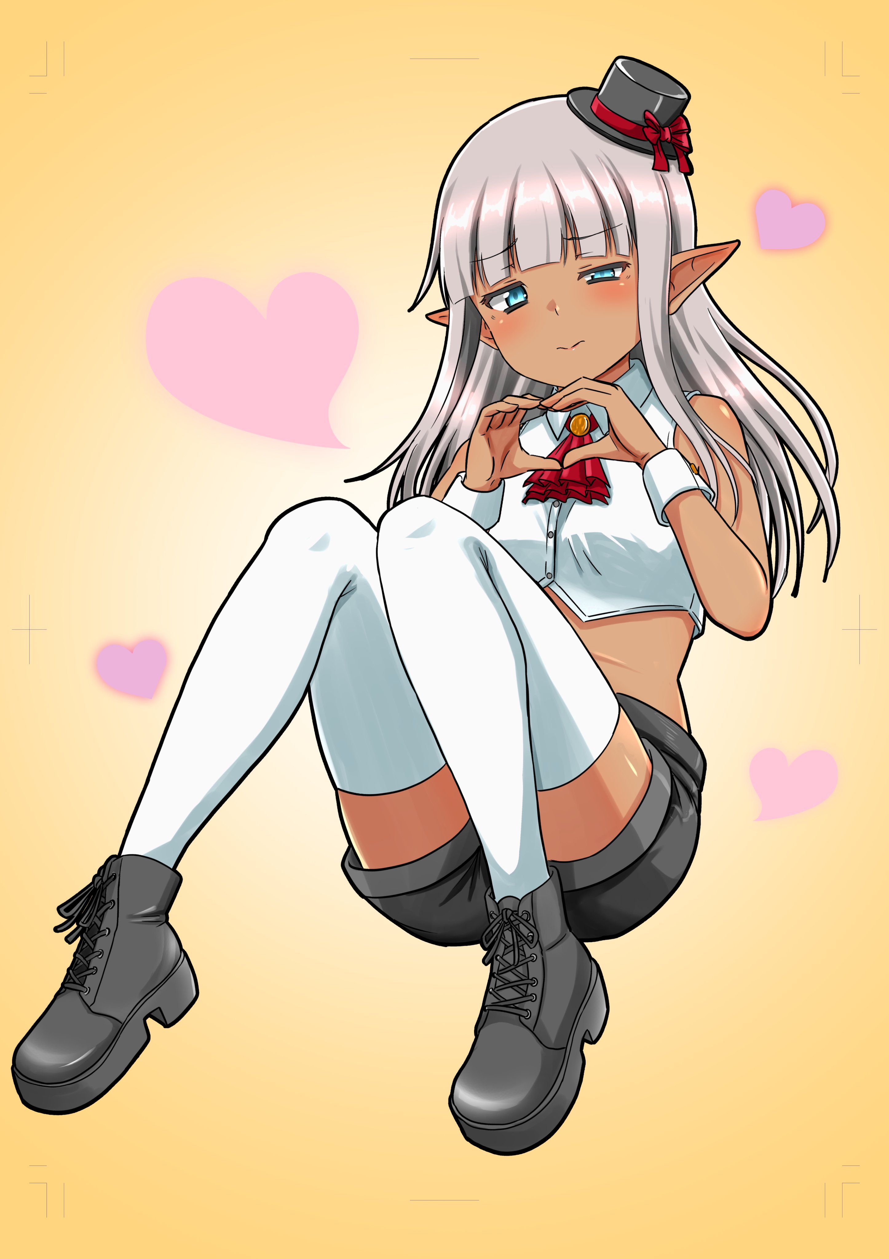 tannen ni hakkou, karla (kono healer mendokusai), kono healer mendokusai, absurdres, highres, official art, 1girl, ascot, bare shoulders, black boots, black hat, black shorts, blue eyes, blunt bangs, blush, boots, closed mouth, crop top, dark-skinned female, dark elf, dark skin, elf, gradient background, grey hair, half-closed eye, hat, heart, heart hands, long hair, looking at viewer, midriff, mini hat, pointy ears, red ascot, shirt, short shorts, shorts, sleeveless, sleeveless shirt, solo, stomach, thighhighs, top hat, uneven eyes, white shirt, white thighhighs, white wrist cuffs, wrist cuffs, yellow background