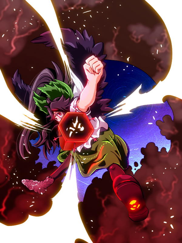 jimaken, reiuji utsuho, touhou, bad id, bad pixiv id, 1girl, arm cannon, black hair, bow, cape, female focus, long hair, red eyes, skirt, solo, thighhighs, weapon, wings