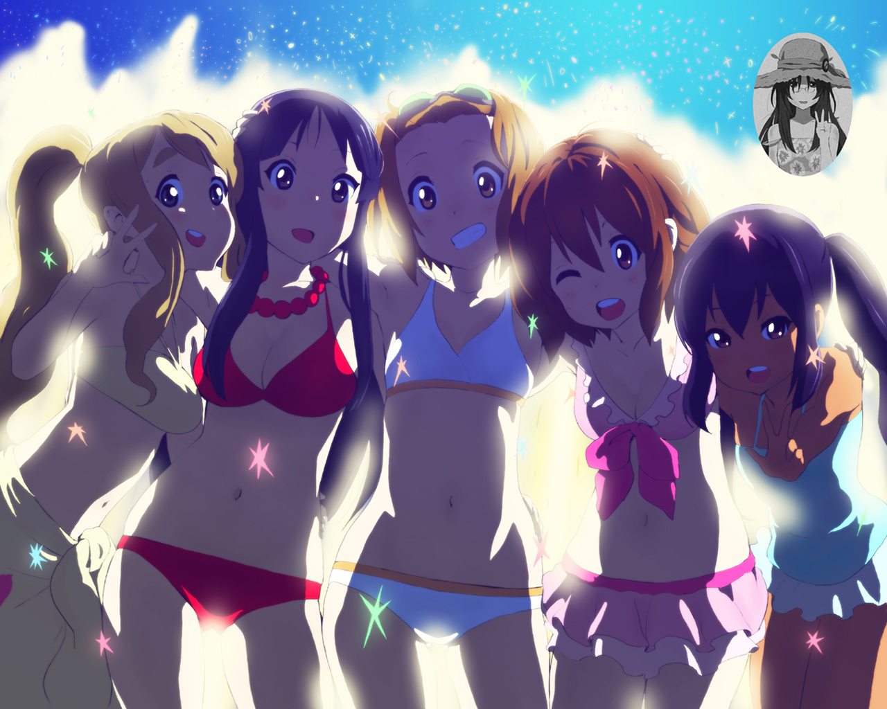 nekoi mie, akiyama mio, hirasawa yui, kotobuki tsumugi, nakano azusa, tainaka ritsu, yamanaka sawako, k-on!, 00s, 5girls, arm around neck, bikini, black eyes, black hair, blonde hair, bloom, blue eyes, brown eyes, brown hair, dark-skinned female, dark skin, goggles, grin, ho-kago tea time, jewelry, long hair, multiple girls, necklace, one-piece swimsuit, one eye closed, ponytail, sarong, shadow, short hair, smile, sparkle, swimsuit, v, wink