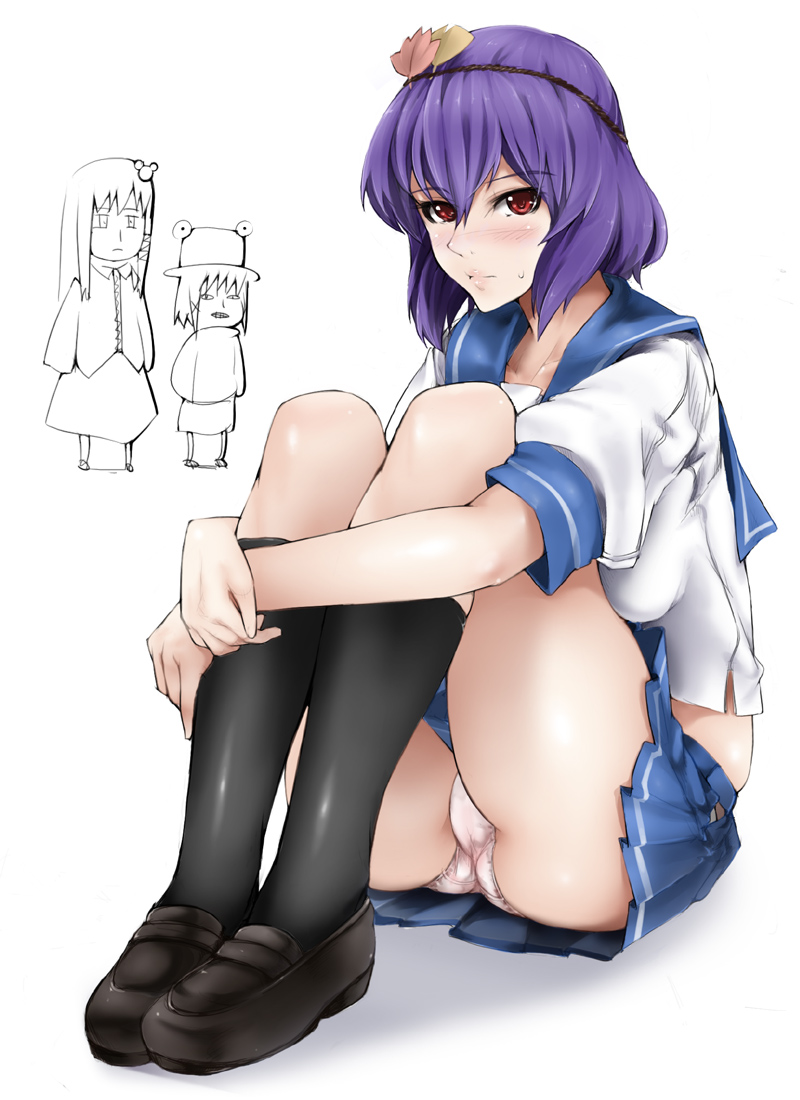 abubu, kochiya sanae, moriya suwako, yasaka kanako, touhou, 3girls, alternate costume, ass, black socks, blouse, blush, female focus, frog, hair ornament, hat, hugging own legs, leaf hair ornament, midriff, miniskirt, multiple girls, panties, pantyshot, pleated skirt, purple hair, red eyes, rope, school uniform, serafuku, shirt, shoes, short hair, sitting, skirt, socks, trefoil, underwear, upskirt, white panties