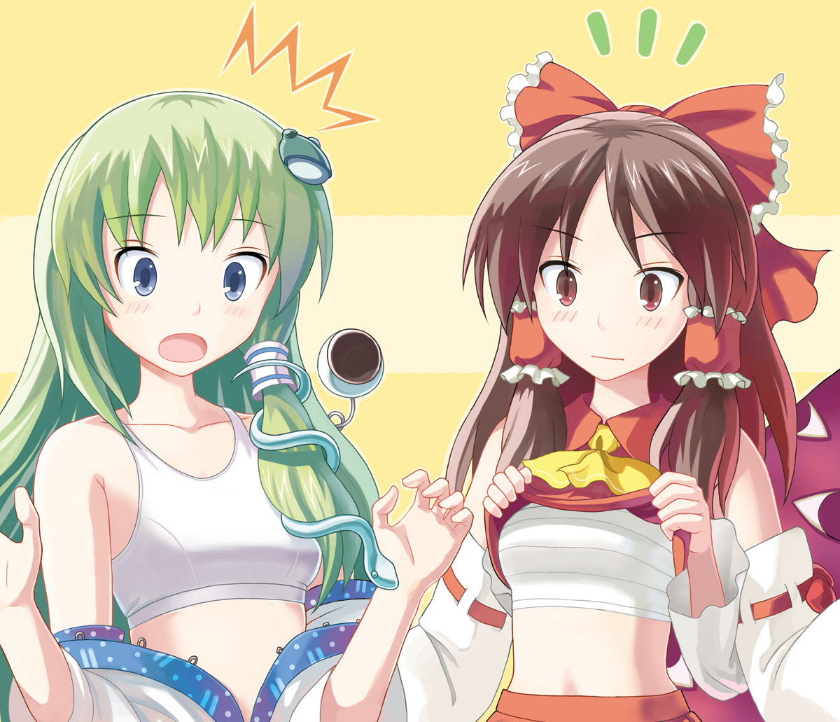 yuugiri (artist), yuugiri (u-slash), hakurei reimu, kochiya sanae, moriya suwako, yakumo yukari, touhou, bad id, bad pixiv id, <o> <o>, 2girls, :o, ^^^, blue eyes, bow, brown hair, chest sarashi, clothes lift, detached sleeves, female focus, frog, gap (touhou), green hair, hair ornament, japanese clothes, long hair, miko, multiple girls, open mouth, red eyes, sarashi, shirt lift, short hair, snake, sports bra, surprised, surprised arms