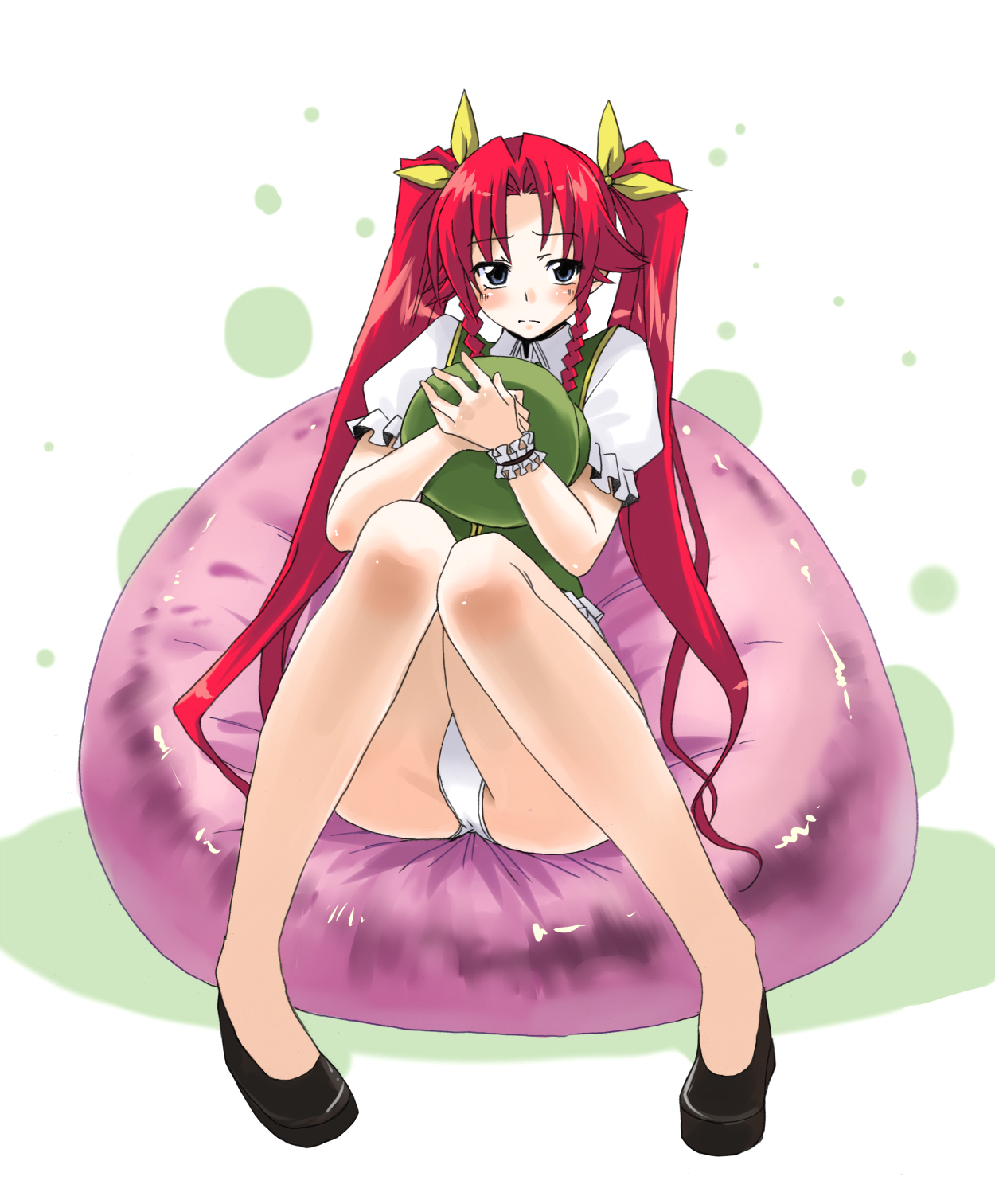 ooike teru, hong meiling, embodiment of scarlet devil, touhou, highres, 1girl, alternate hairstyle, blue eyes, braid, female focus, hat, holding, holding unworn clothes, holding unworn hat, long hair, panties, red hair, sitting, solo, twin braids, underwear, unworn hat, unworn headwear