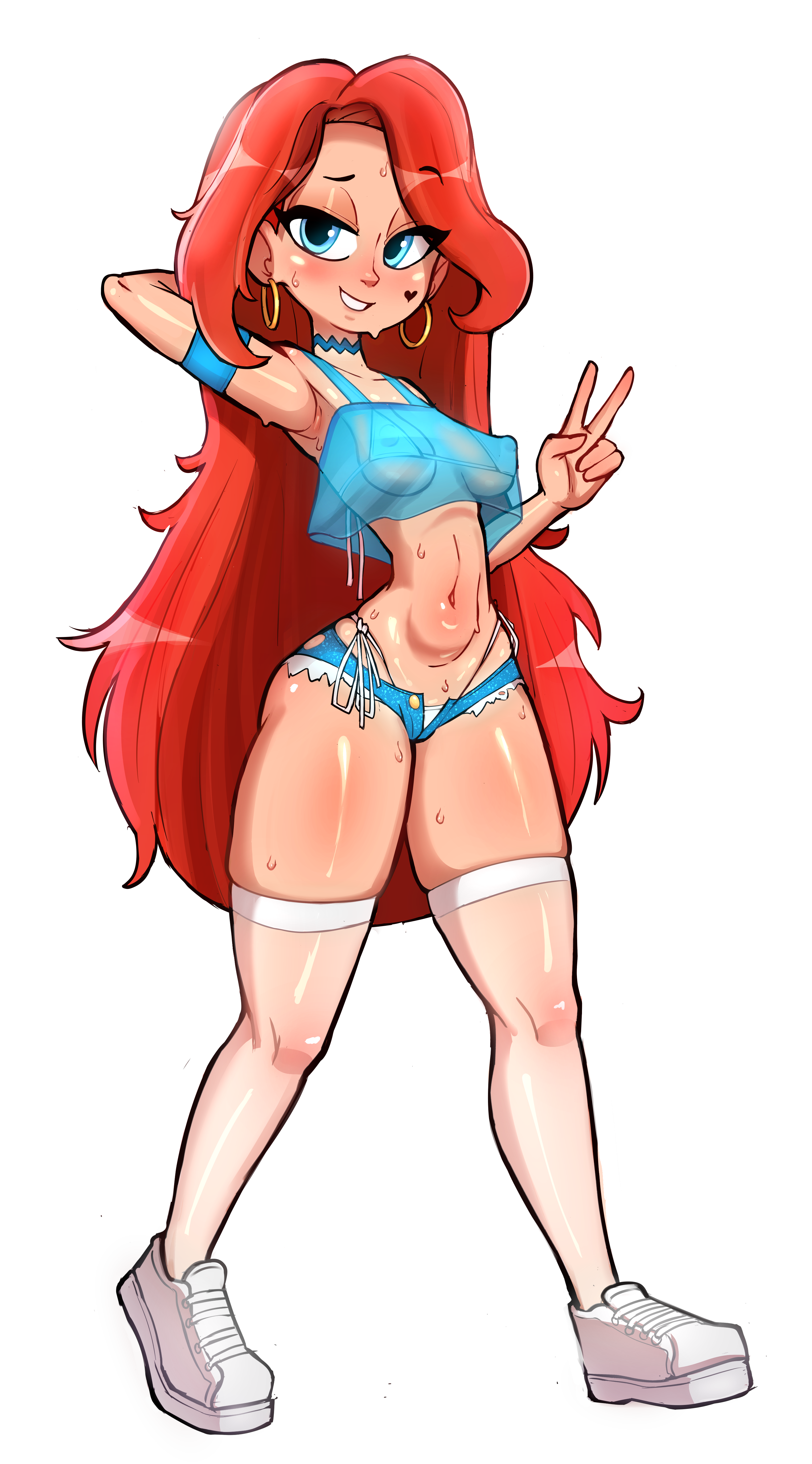 rukisan(pixiv), chelsea van der zee, dreamworks, ruby gillman: teenage kraken, 1girl, arm behind head, arm up, bikini, bikini under clothes, blue eyes, blue shirt, blue shorts, blush, breasts, choker, collarbone, covered erect nipples, crop top, denim, denim shorts, earrings, facial mark, grin, heart, heart facial mark, heart on cheek, highleg, highleg bikini, hoop earrings, jewelry, long hair, looking at viewer, micro bikini, midriff, navel, open fly, raised eyebrow, red hair, shirt, shoes, short shorts, shorts, side-tie bikini bottom, sleeveless, sleeveless shirt, small breasts, smile, sneakers, sweat, swimsuit, teeth, thick thighs, thighhighs, thighs, underboob, v, walking, white background, white bikini, white shoes, white thighhighs