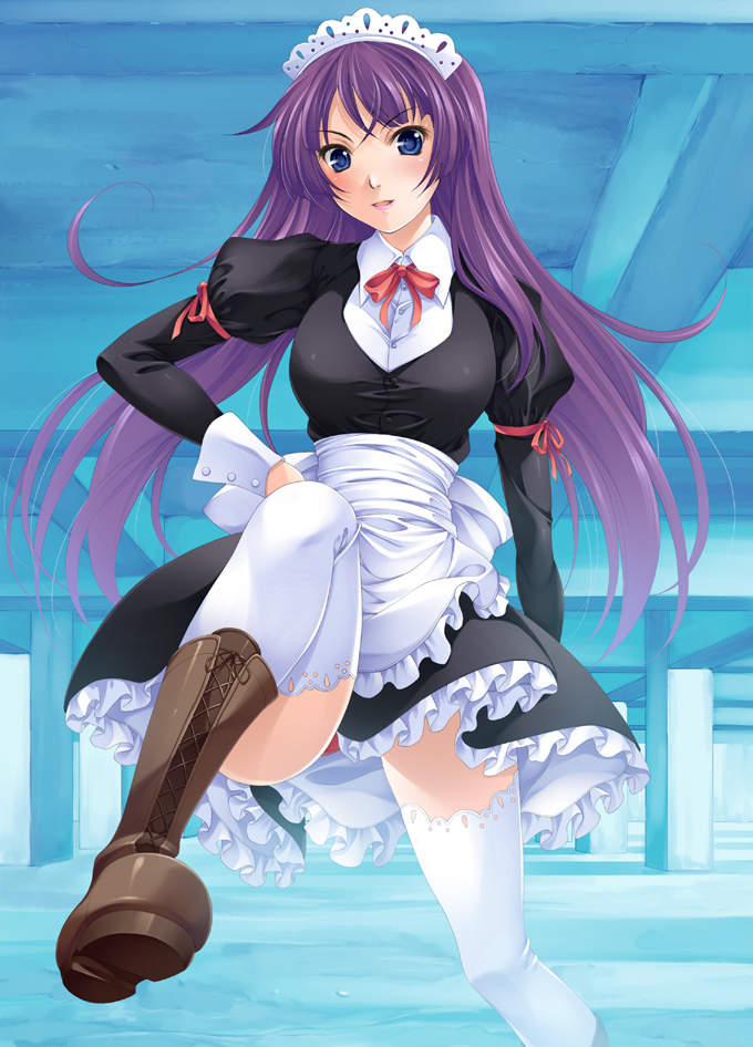 mukunokino isshiki, senjougahara hitagi, bakemonogatari, monogatari (series), 00s, 1girl, alternate costume, blue eyes, boots, enmaided, female focus, legs, long hair, maid, purple hair, solo, thighhighs, white thighhighs