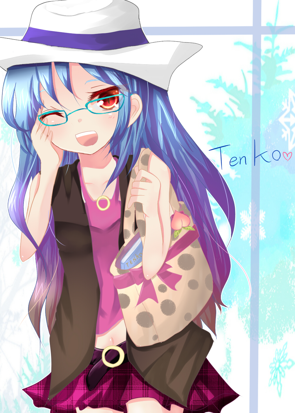 nyariko, hinanawi tenshi, touhou, bad id, bad pixiv id, highres, 1girl, alternate costume, bespectacled, contemporary, female focus, glasses, hat, navel, nyarini, plant, skirt, solo