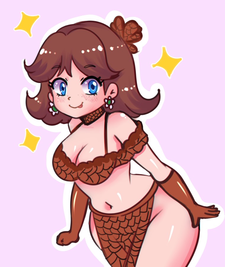 araceri, princess daisy, mario (series), nintendo, 1girl, blue eyes, blush, breasts, brown flower, brown gloves, brown hair, brown shirt, brown skirt, brown theme, choker, cleavage, earrings, flower, flower earrings, freckles, gloves, hair flower, hair ornament, jewelry, large breasts, long hair, looking at viewer, navel, purple background, shirt, side slit, skirt, sleeveless, sleeveless shirt, smile, sparkle, standing, tongue, tongue out, wide hips