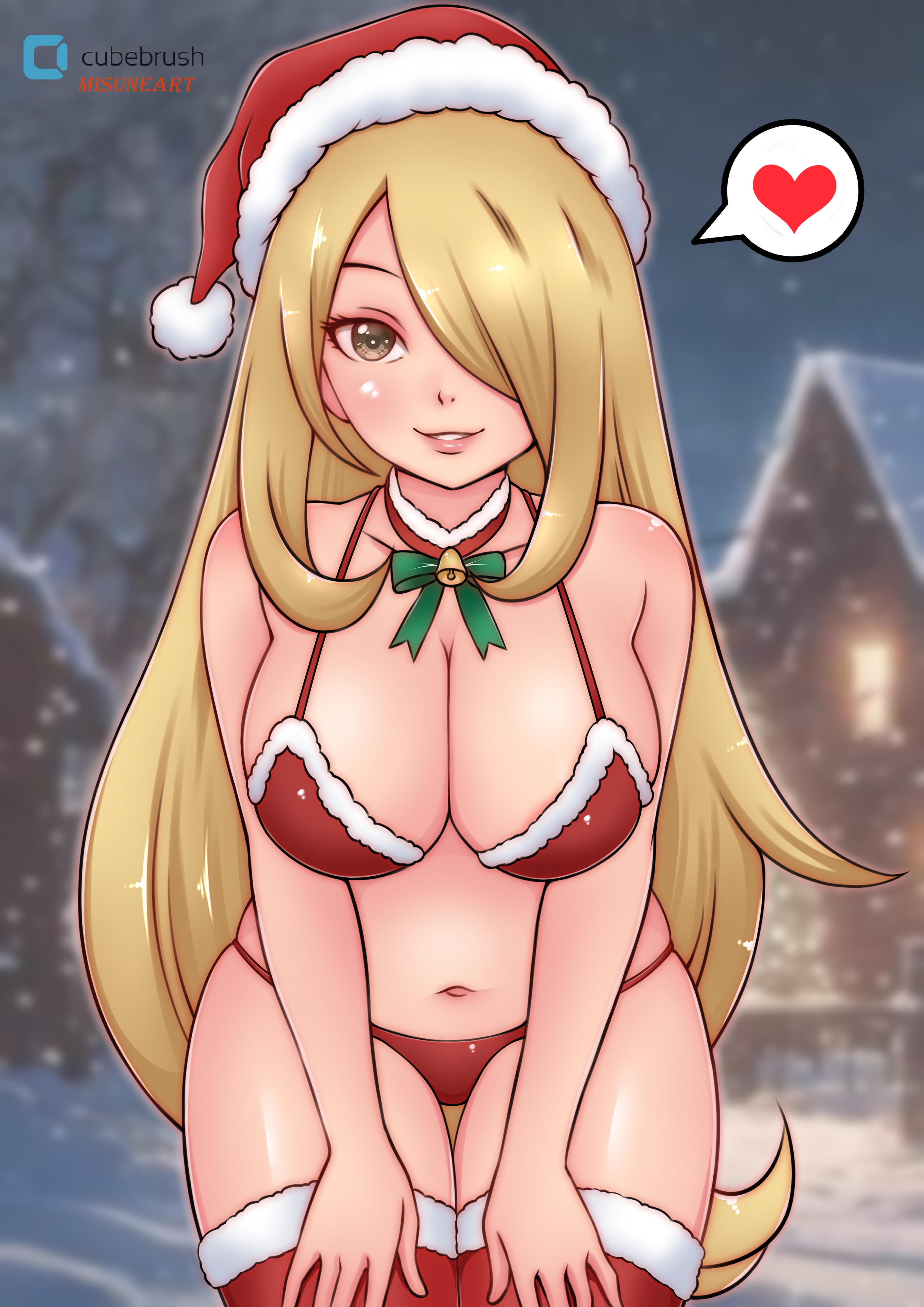 misune art, cynthia (pokemon), nintendo, pokemon, pokemon dppt, 1girl, bell, bikini, blonde hair, blush, bow, breasts, brown eyes, choker, christmas, cleavage, fur-trimmed bikini, fur-trimmed headwear, fur-trimmed legwear, fur-trimmed thighhighs, fur trim, green bow, grin, hair over one eye, hands on own thighs, hat, heart, house, large breasts, leaning forward, long hair, looking at viewer, navel, neck bell, night, night sky, pom pom (clothes), red bikini, red thighhighs, santa bikini, santa costume, santa hat, sky, smile, snow, snowing, speech bubble, spoken heart, standing, swimsuit, teeth, thighhighs, tree, winter