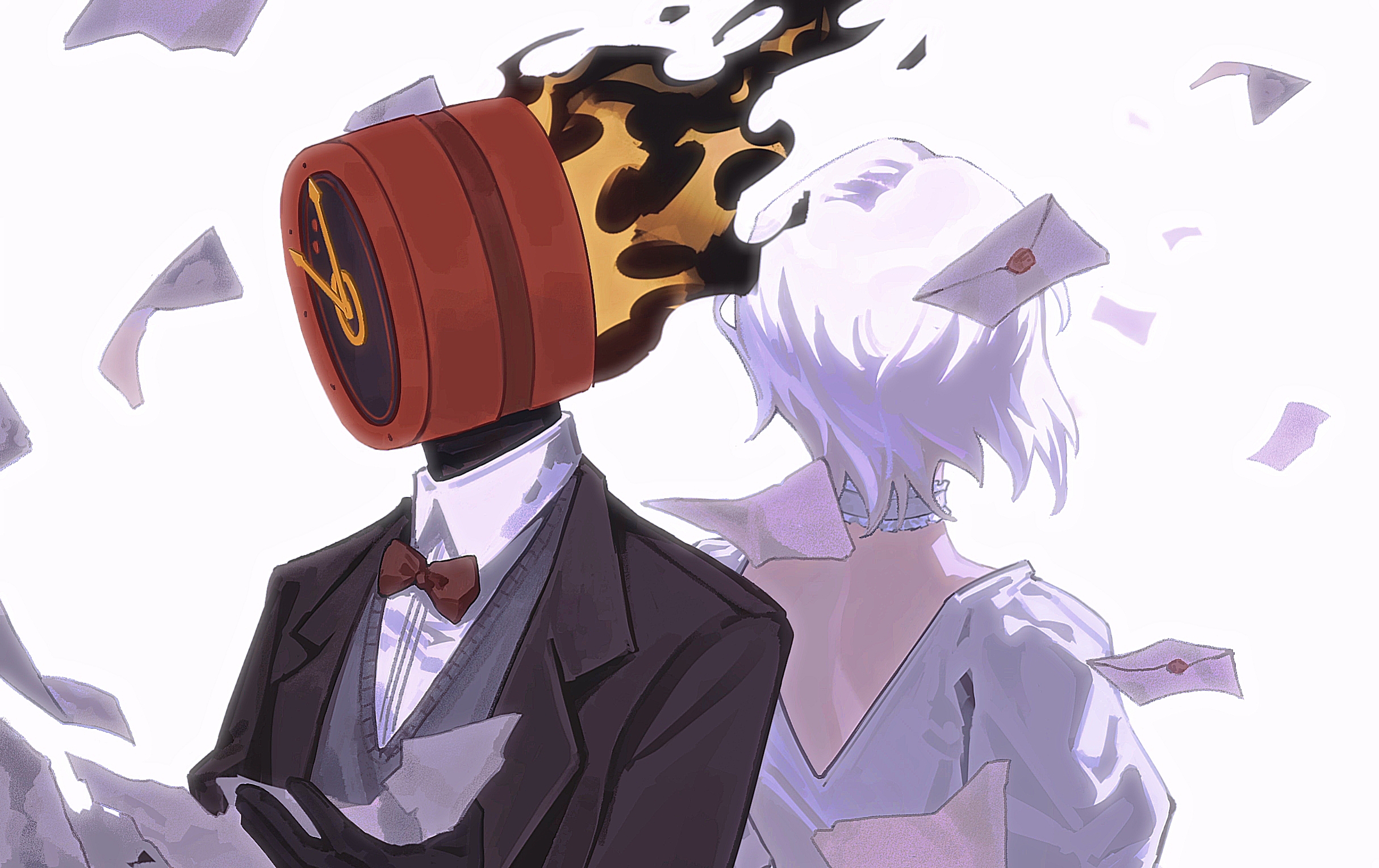 ivy (675671), dante (limbus company), faust (project moon), limbus company, project moon, chinese commentary, commentary request, highres, 1girl, 1other, black jacket, bow, bowtie, choker, clock, collared shirt, dated commentary, dress, envelope, fire, flaming head, grey sweater vest, jacket, lapels, notched lapels, puffy short sleeves, puffy sleeves, red bow, red bowtie, shirt, short hair, short sleeves, sweater vest, upper body, white choker, white dress, white hair, white shirt