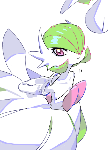 raine (acke2445), gardevoir, mega gardevoir, nintendo, pokemon, 1girl, arms behind back, collarbone, cowboy shot, gen 3 pokemon, light smile, looking at viewer, mega pokemon, pink eyes, pokemon (creature), pokemon focus, simple background, solo, white background