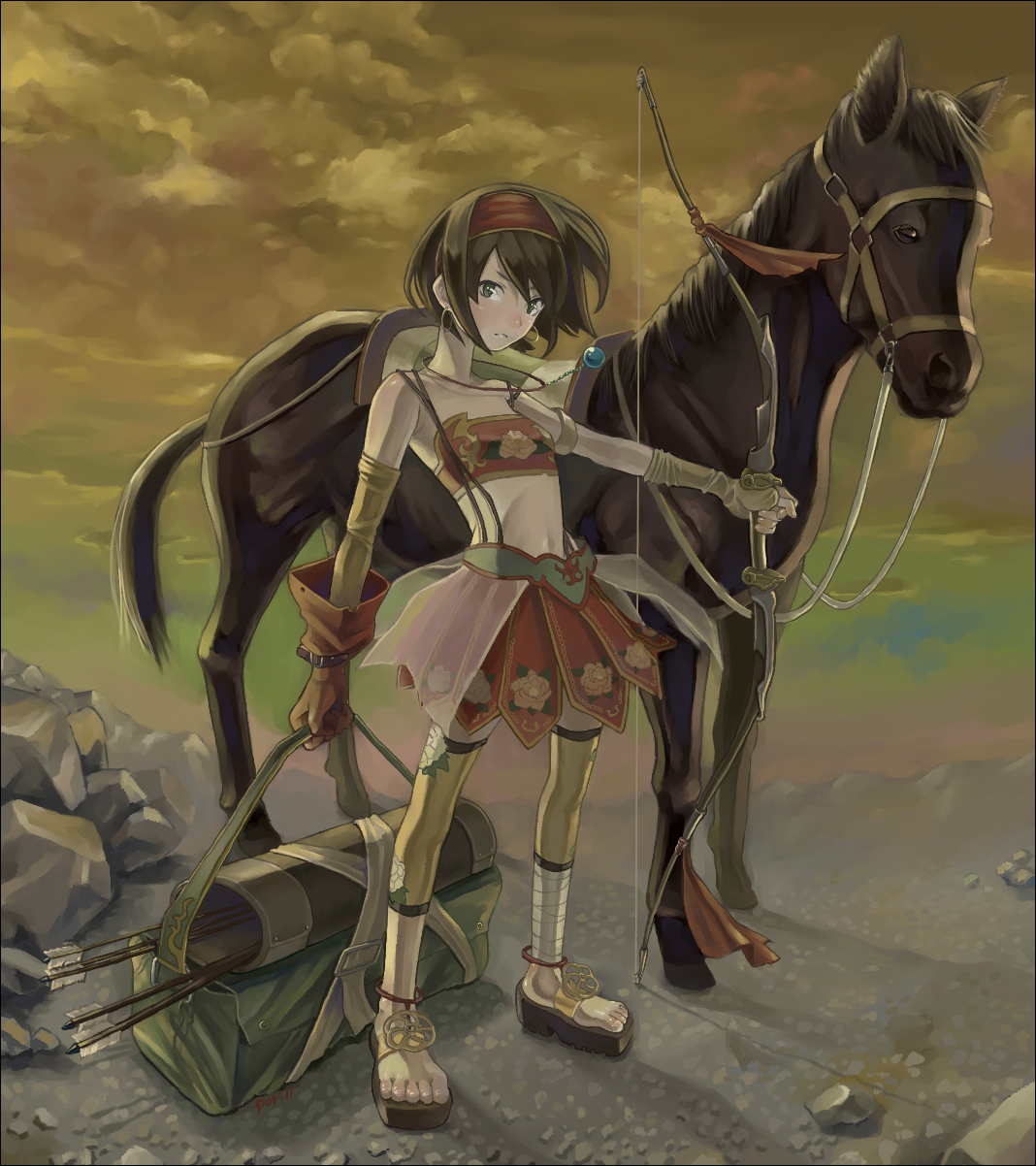 metalinu, sun shangxiang (shin sangoku musou), shin sangoku musou, highres, arrow (projectile), blush, bow (weapon), brown hair, clog sandals, cloud, earrings, feet, flat chest, gloves, hairband, horse, jewelry, midriff, necklace, quiver, short hair, skirt, solo, thighhighs, weapon