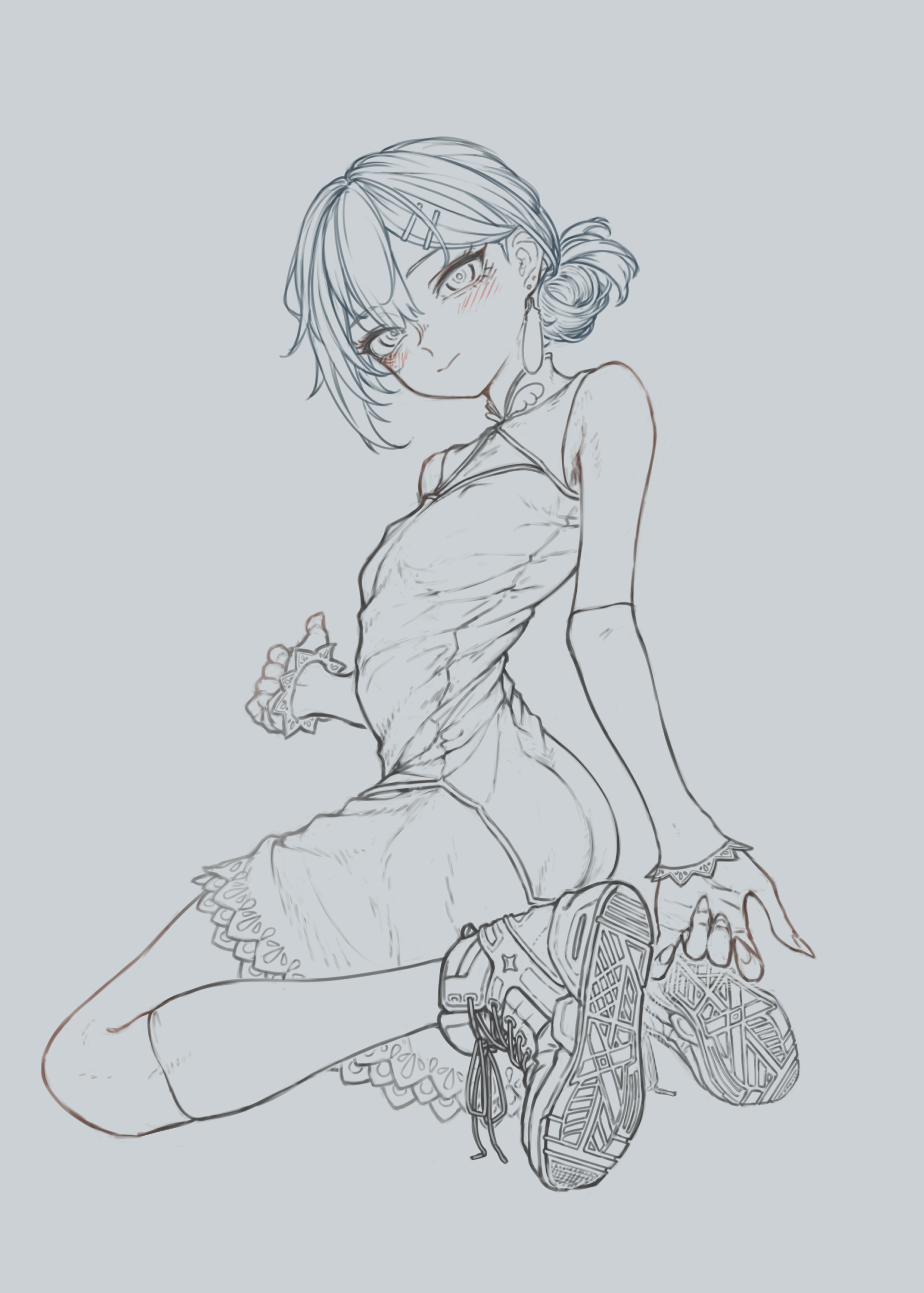 mji (emucchi), indie virtual youtuber, absurdres, commission, highres, skeb commission, 1girl, ass, bare shoulders, blush, detached sleeves, dress, flat chest, folded ponytail, full body, kneeling, lineart, looking at viewer, migiwa mikage, monochrome, shoes, smile, sneakers, solo, virtual youtuber