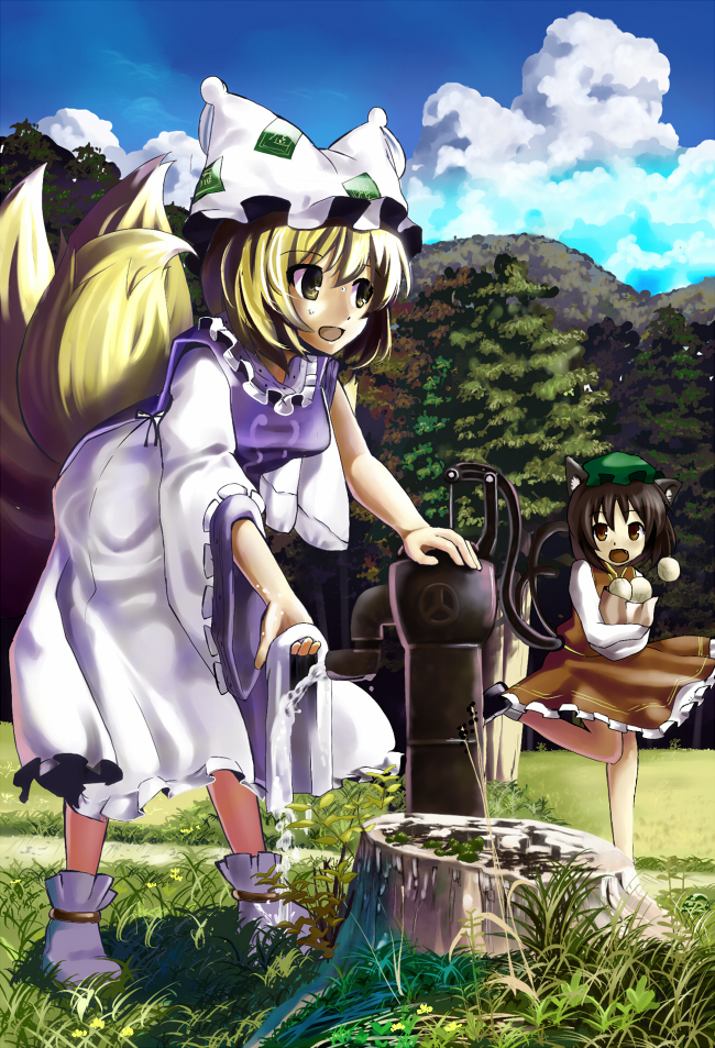 hidebo, chen, yakumo ran, touhou, bad id, bad pixiv id, 2girls, animal ears, animal hat, blonde hair, brown eyes, brown hair, cat ears, cat girl, cat tail, cloud, day, female focus, fox tail, grass, hat, long sleeves, mob cap, multiple girls, multiple tails, outdoors, shoes, short hair, socks, tail, tassel, tree, tree stump, water, wide sleeves, yellow eyes