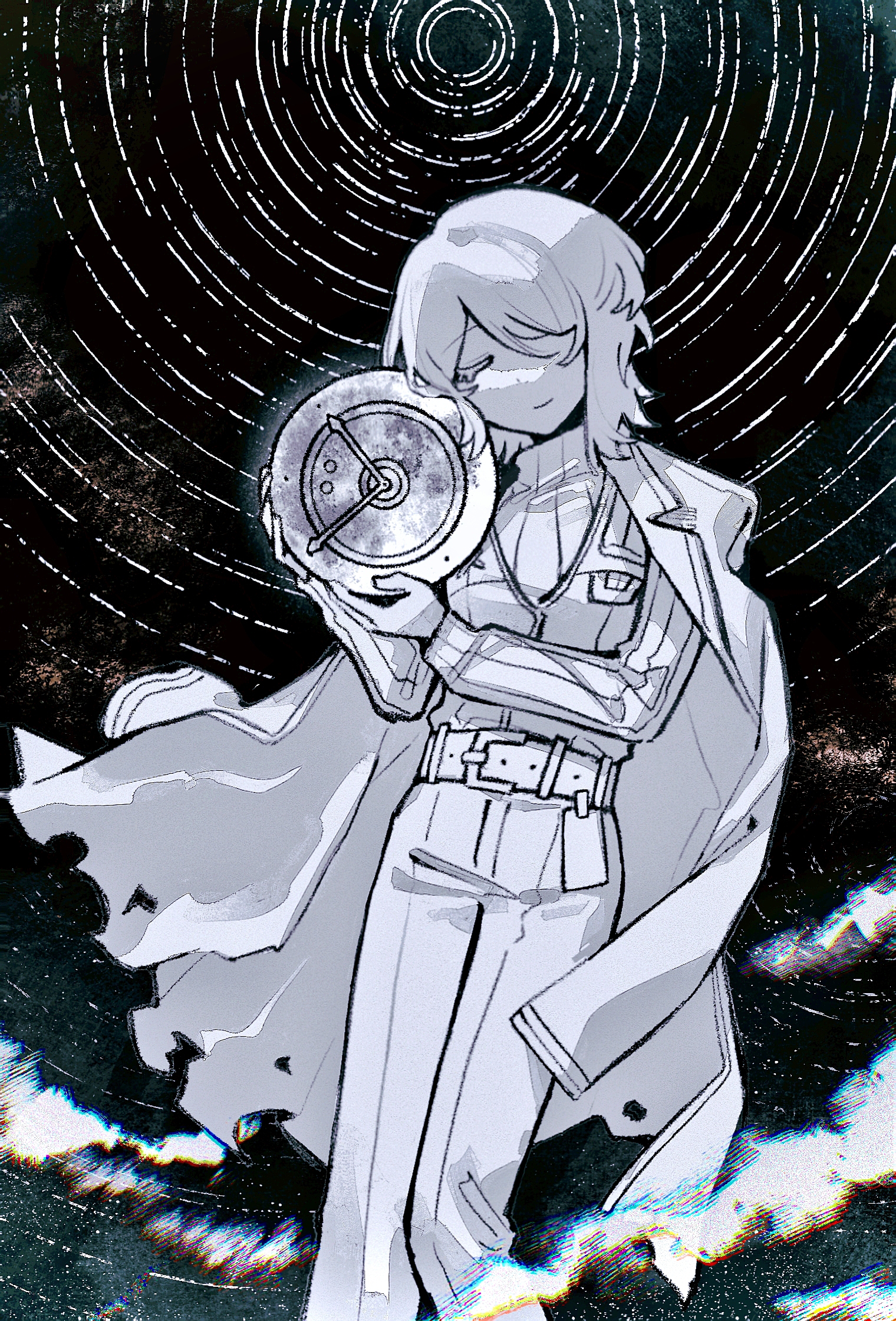 ivy (675671), dante (limbus company), faust (project moon), limbus company, project moon, chinese commentary, commentary request, highres, 1girl, belt, closed eyes, closed mouth, coat, coat on shoulders, dated commentary, greyscale, id card, monochrome, pants, ribbed sweater, ripples, short hair, smile, solo, sweater, torn clothes, torn coat, vest