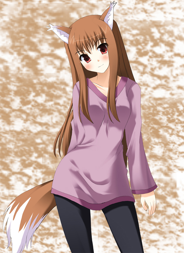 odaya, odayan, holo, spice and wolf, 00s, 1girl, animal ears, blush, brown hair, female focus, red eyes, smile, solo, tail, wolf ears, wolf tail