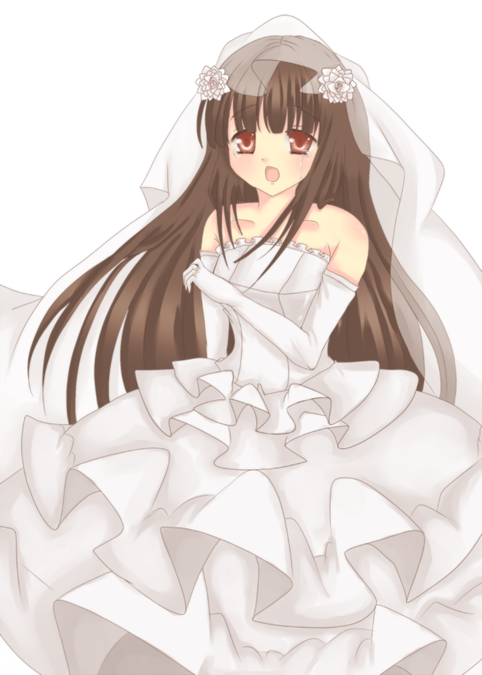 sakurada (bannymilk), houraisan kaguya, sakurada, touhou, 1girl, bare shoulders, bridal veil, bride, brown hair, dress, elbow gloves, female focus, formal clothes, gloves, jewelry, open mouth, red eyes, ring, simple background, smile, solo, tears, veil, wedding, wedding dress, white background, white gloves