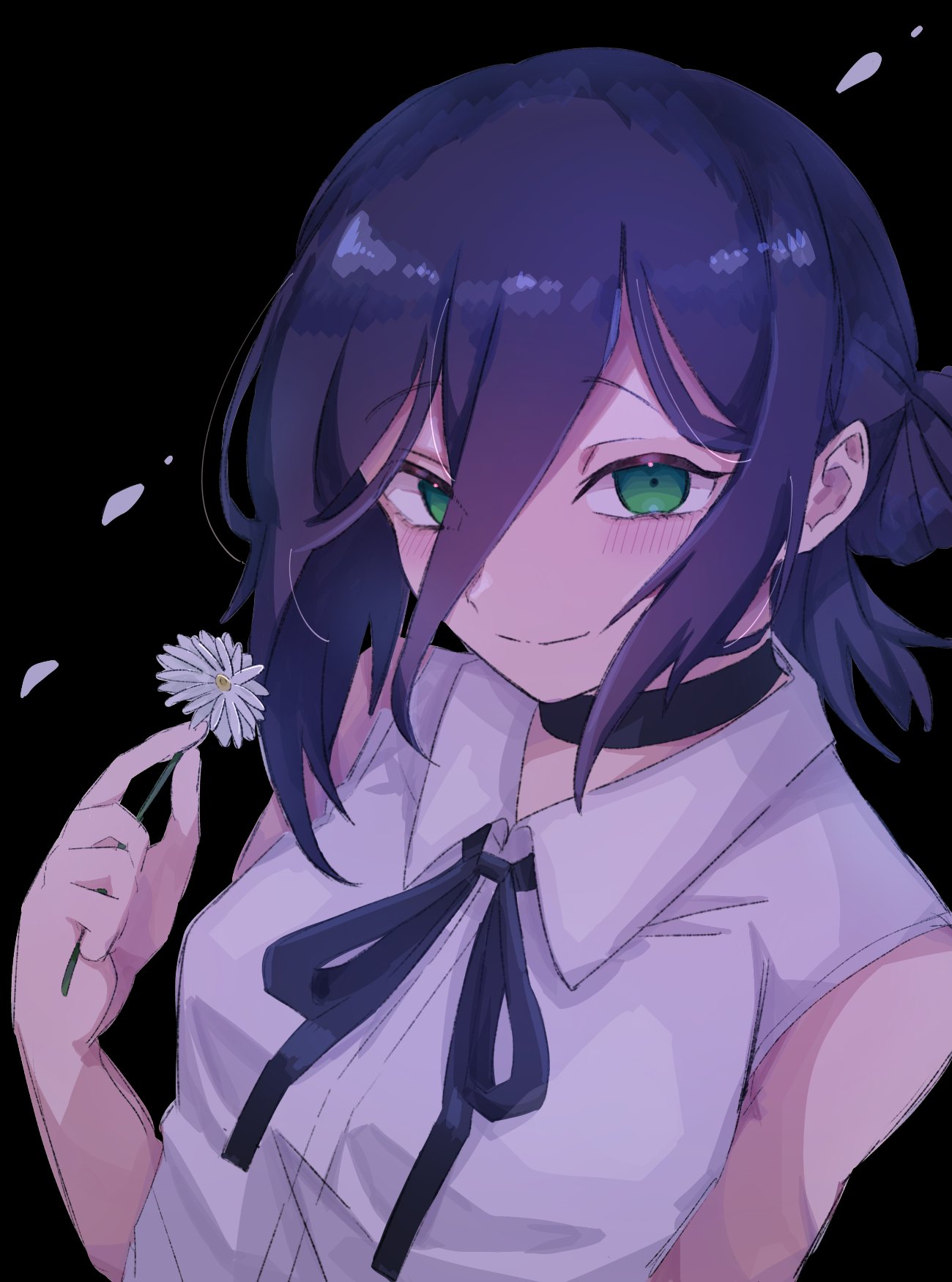 ayaka 488, reze (chainsaw man), chainsaw man, commentary, highres, 1girl, bare shoulders, black background, black choker, black ribbon, blush, breasts, choker, collared shirt, flower, green eyes, hair between eyes, holding, holding flower, long hair between eyes, looking at viewer, medium hair, neck ribbon, purple hair, ribbon, shirt, simple background, sleeveless, sleeveless shirt, small breasts, solo, white flower, white shirt